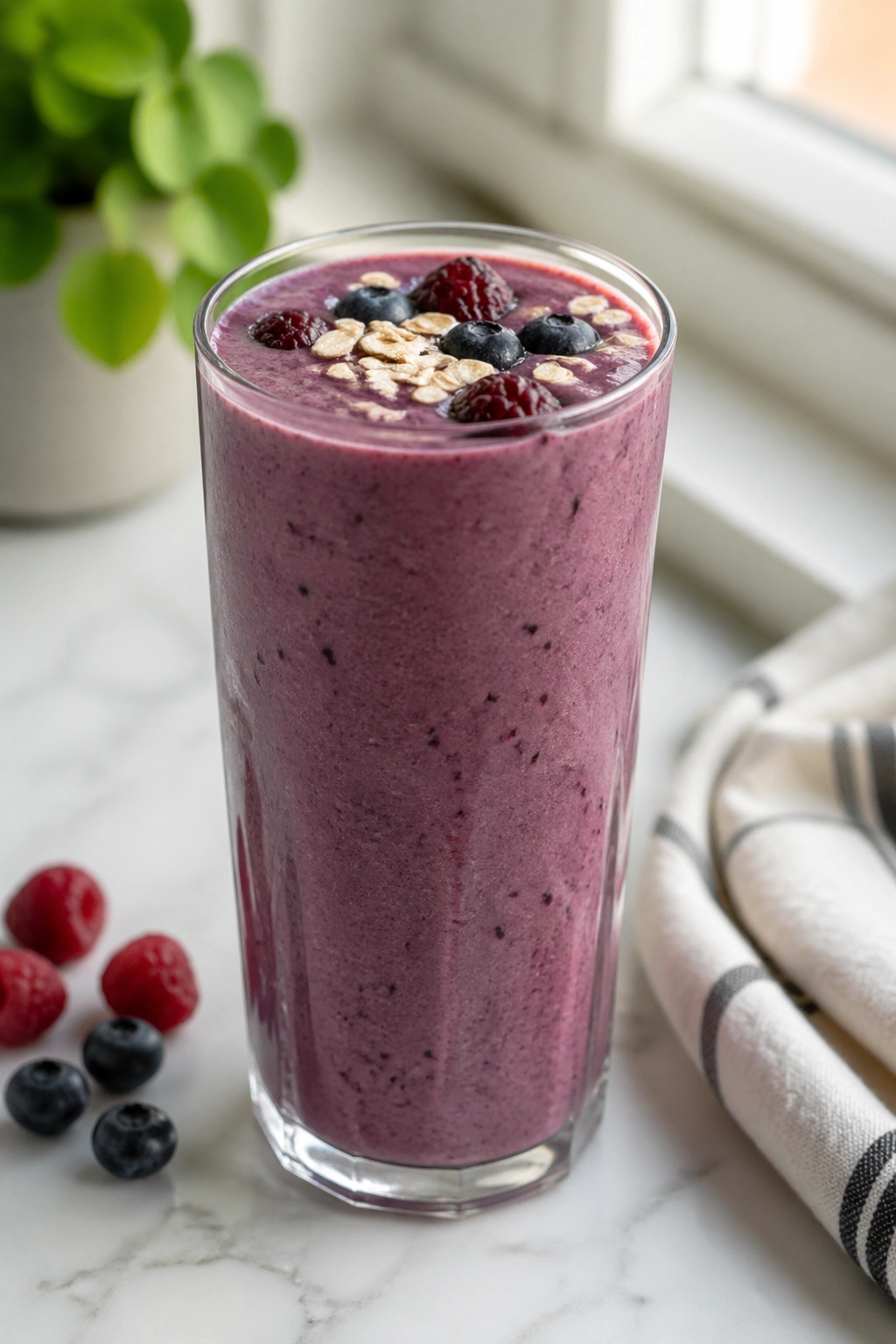 Thick berry smoothie with pea protein in a tall glass on a bright kitchen counter