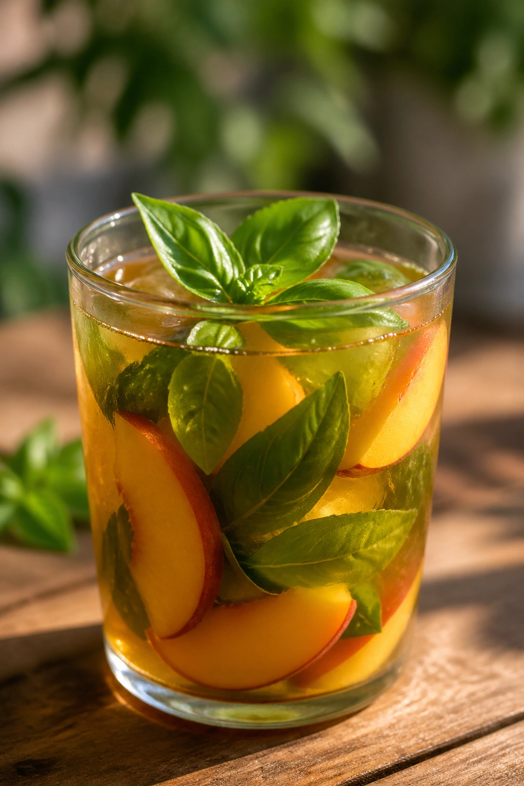 Glass of peach basil green tea cooler with peach and basil