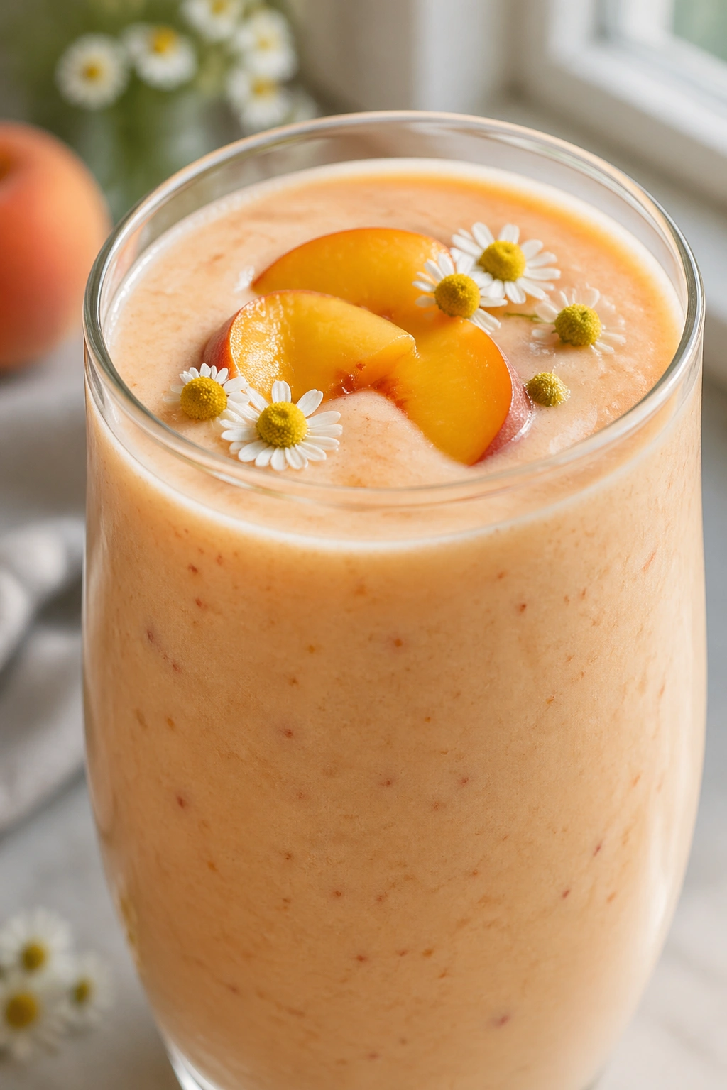 Glass of peach chamomile smoothie on a kitchen counter with soft daylight.