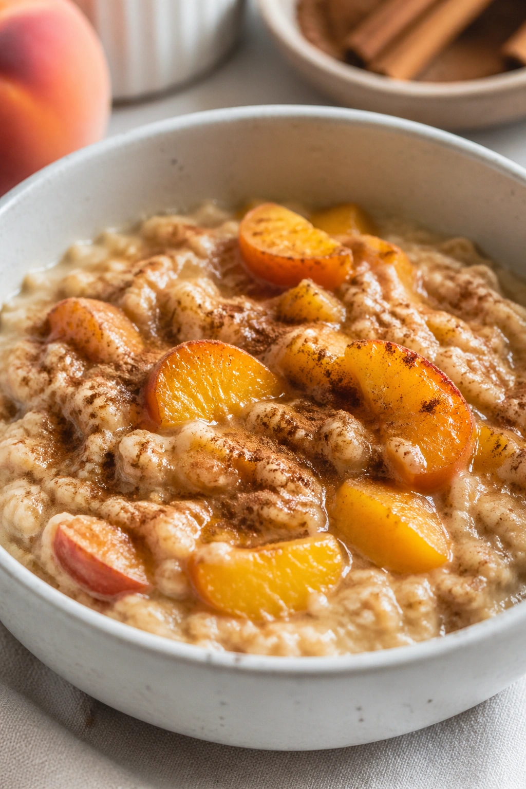 Bowl of peach cobbler oats with peaches and cinnamon