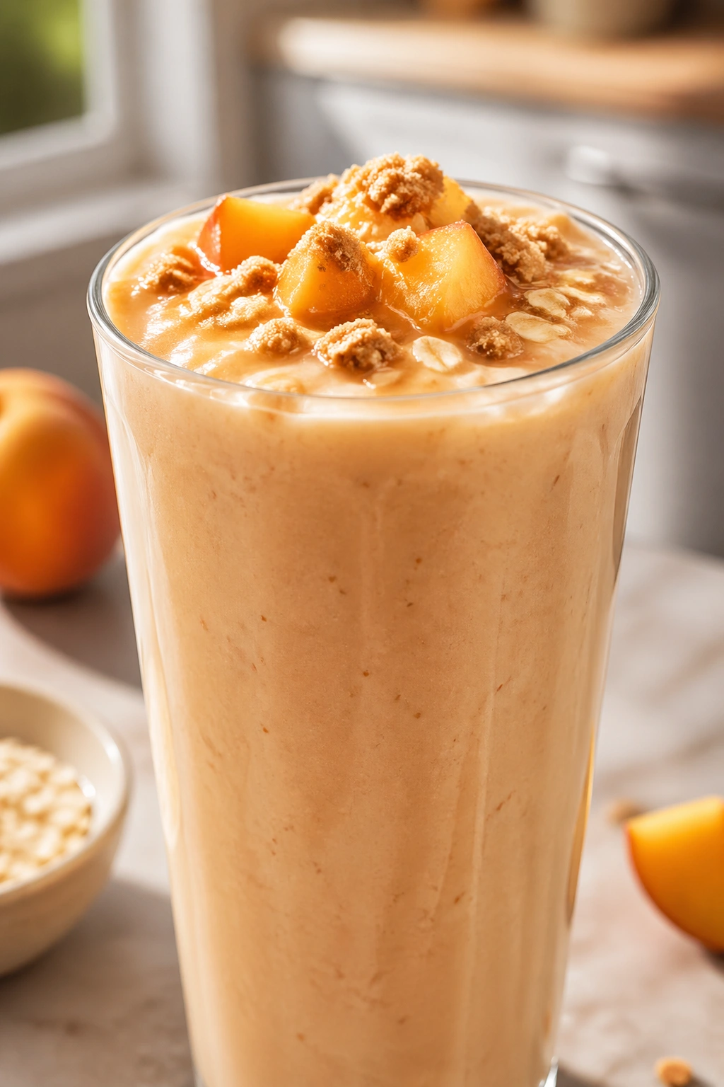 Close-up of a glass of Peach Cobbler Blender Shake in a kitchen