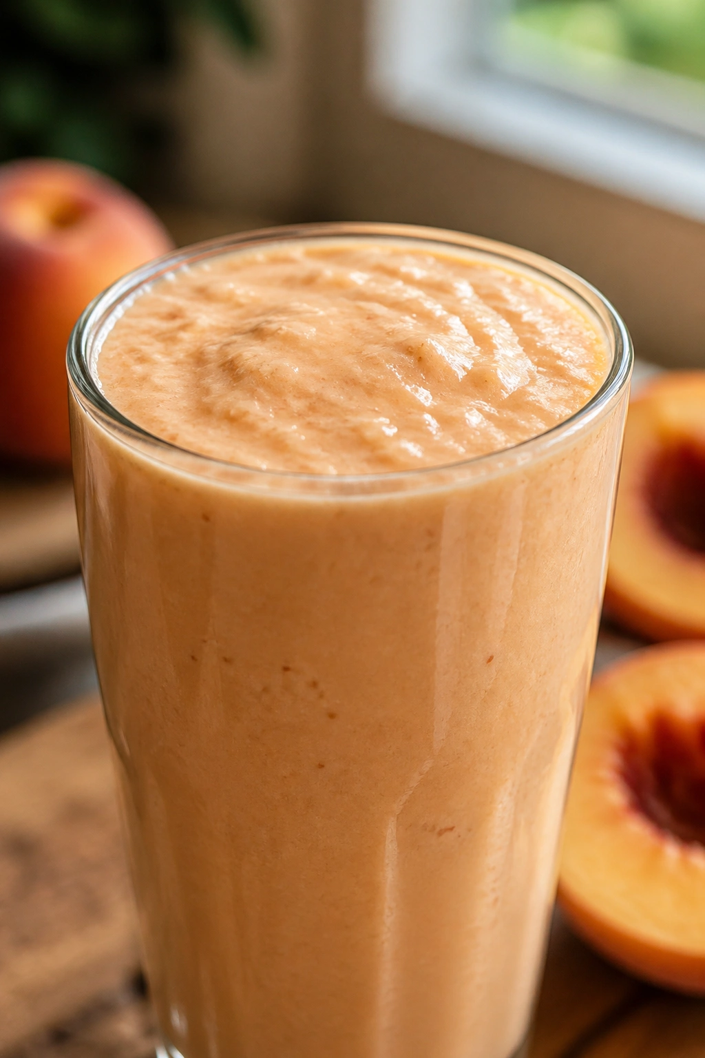 Close-up of a thick Peach Cottage Cheese Shake in glass on a kitchen counter