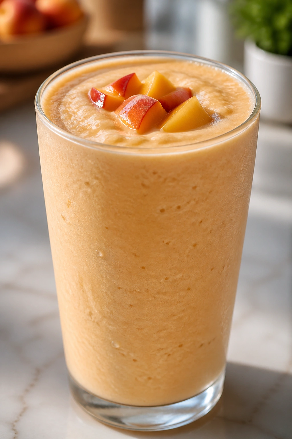 Close-up peach cottage cheese smoothie in glass on clean surface