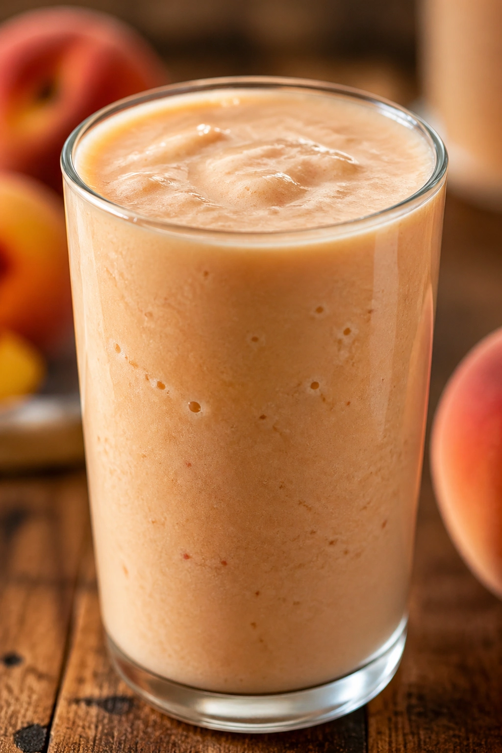 Close-up of a glass of peach cottage cheese recovery smoothie on a wooden counter