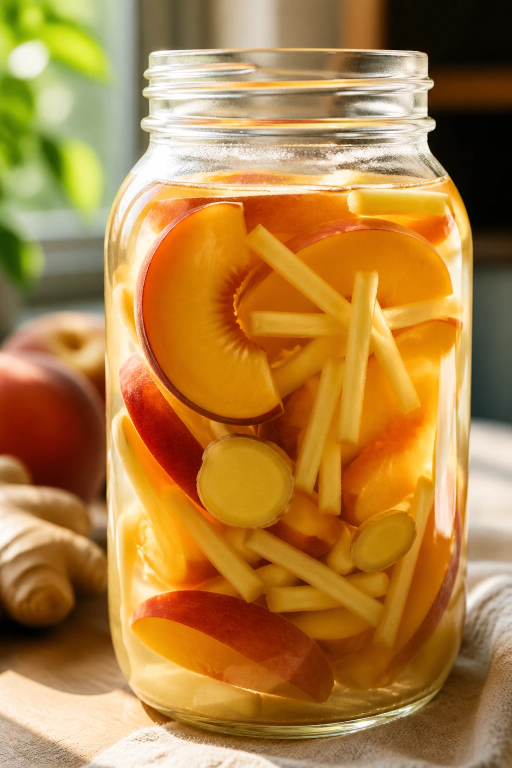 Close-up of peach and ginger infusion in a glass jar in a sunlit kitchen