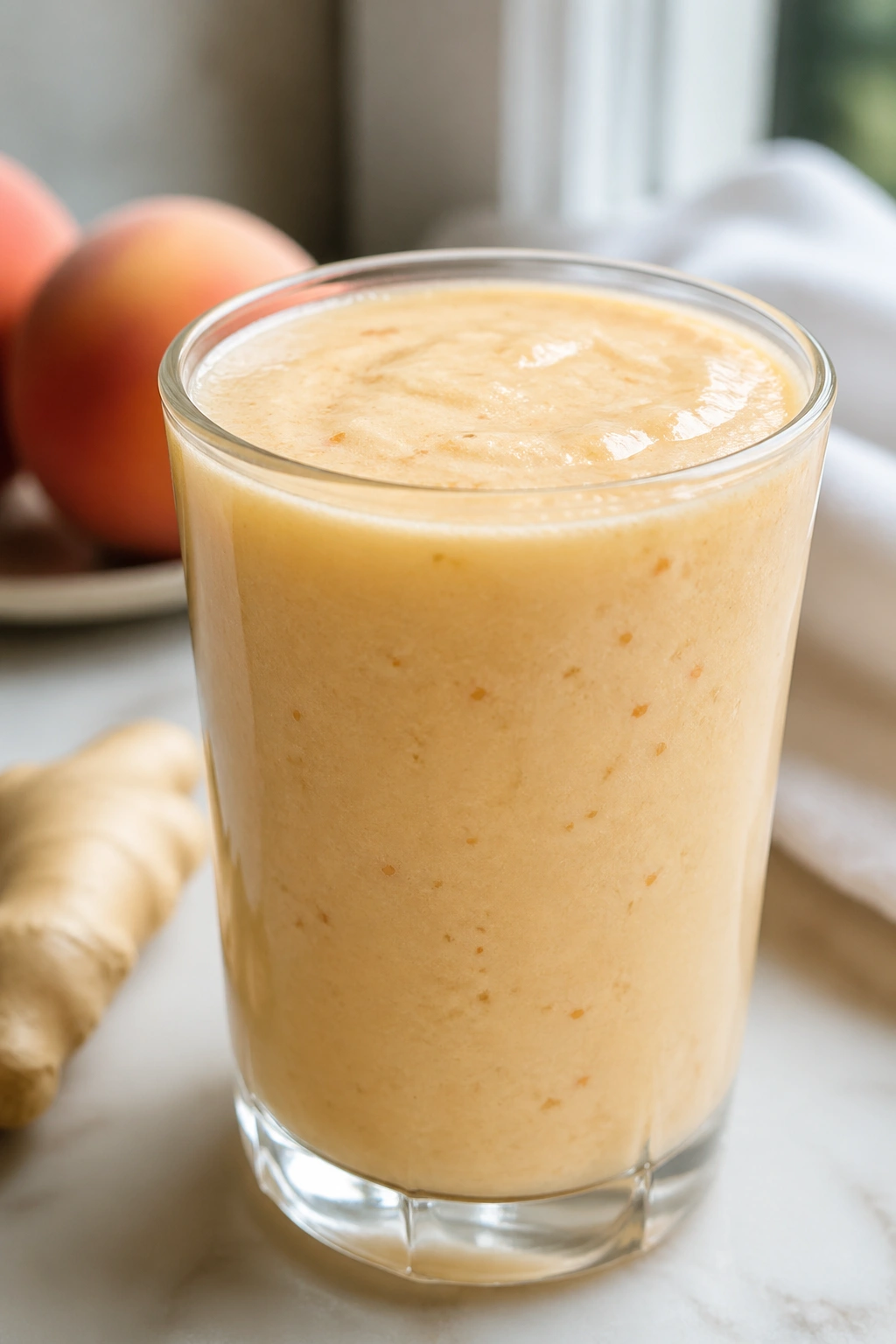 Close-up of a peach ginger lassi smoothie in a glass on a bright kitchen counter
