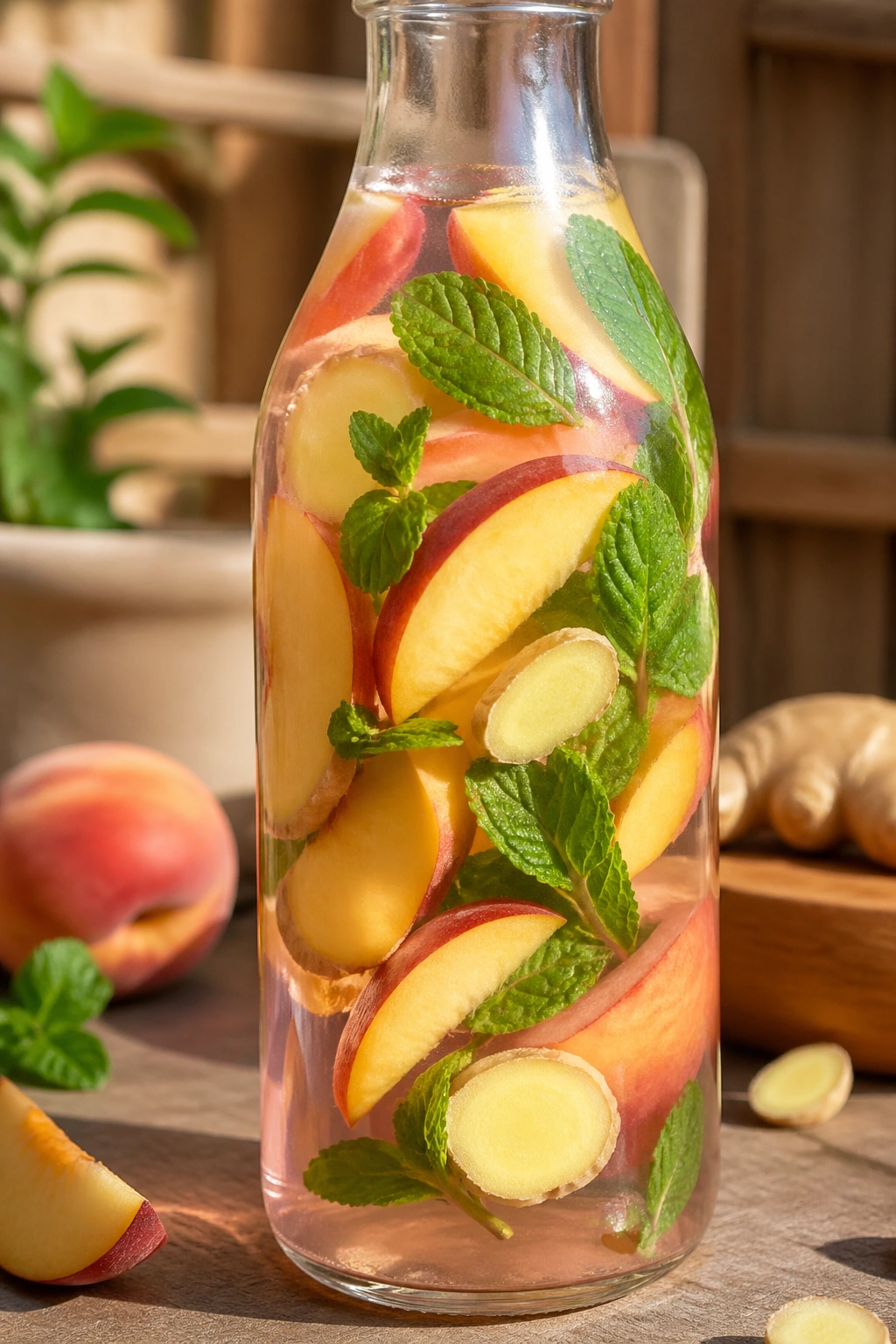 Close-up of peach ginger mint water in a glass bottle with peach slices and mint.