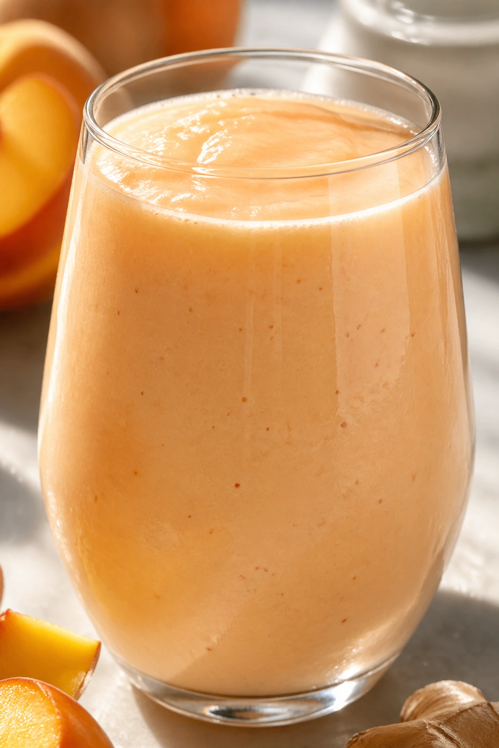 Peach ginger smoothie in a glass on a sunlit kitchen counter