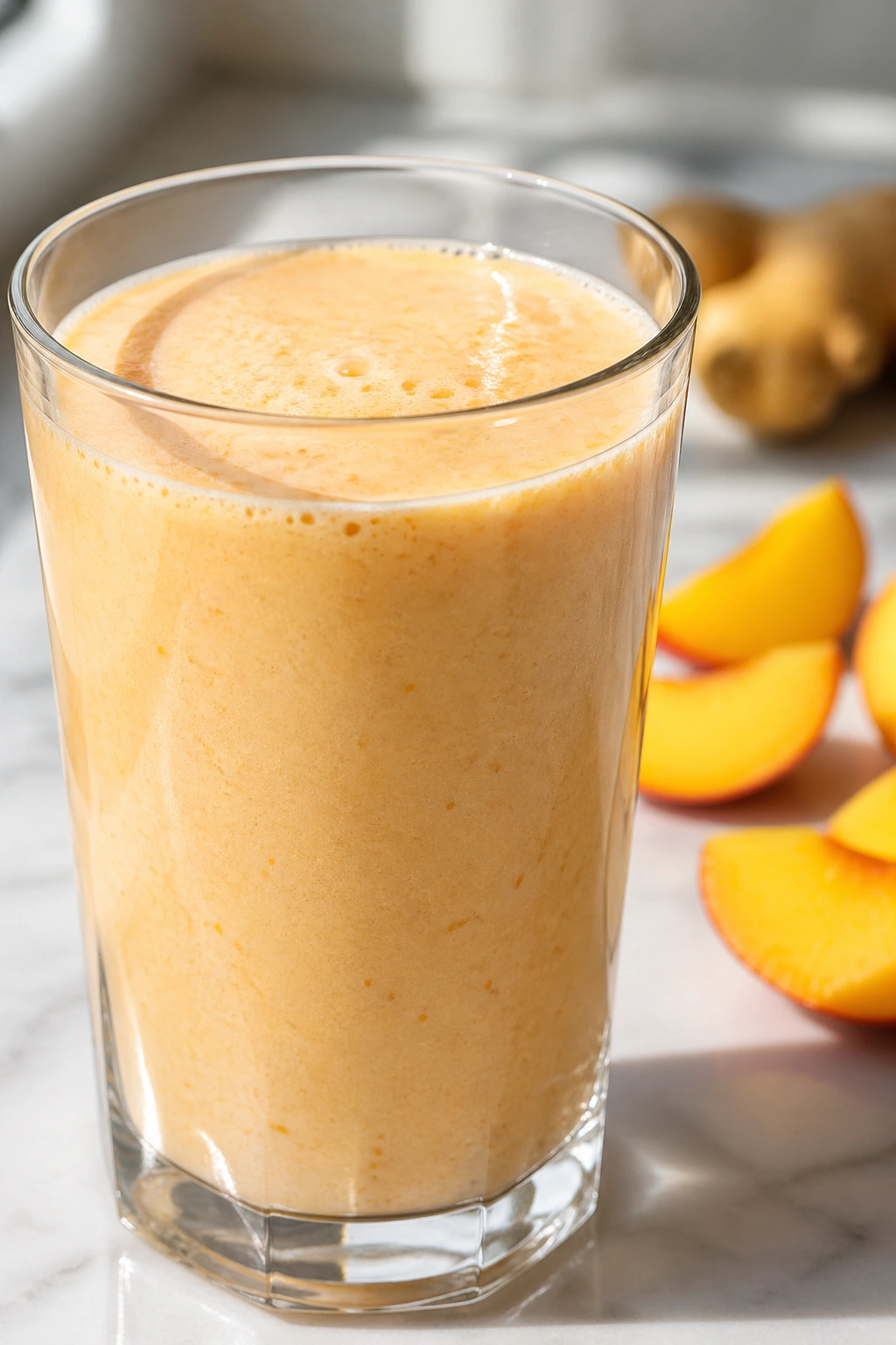 Close-up of peach ginger kefir shake in a glass on a bright kitchen counter