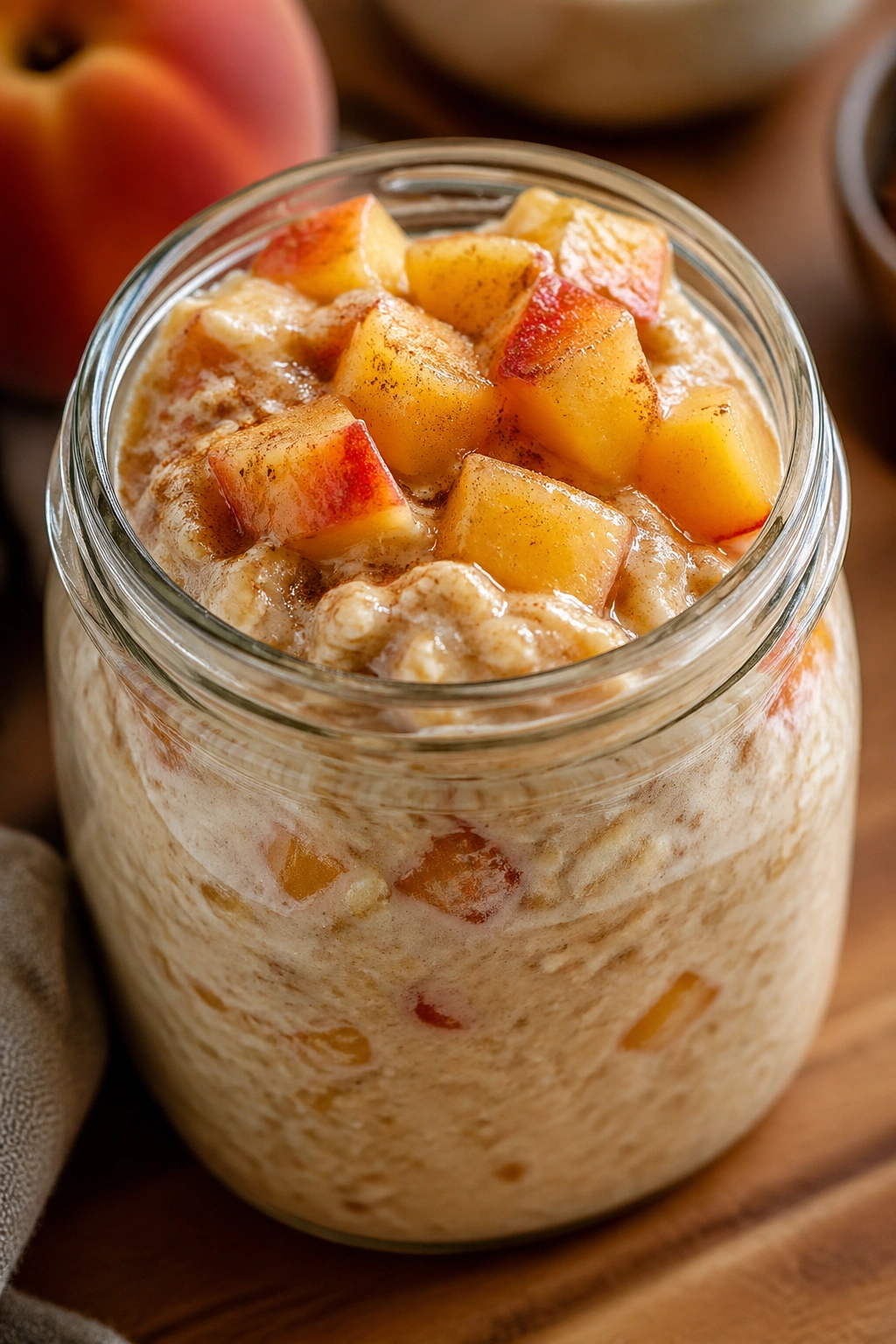 Close-up of peach cottage cheese cinnamon oats in a jar with peach chunks
