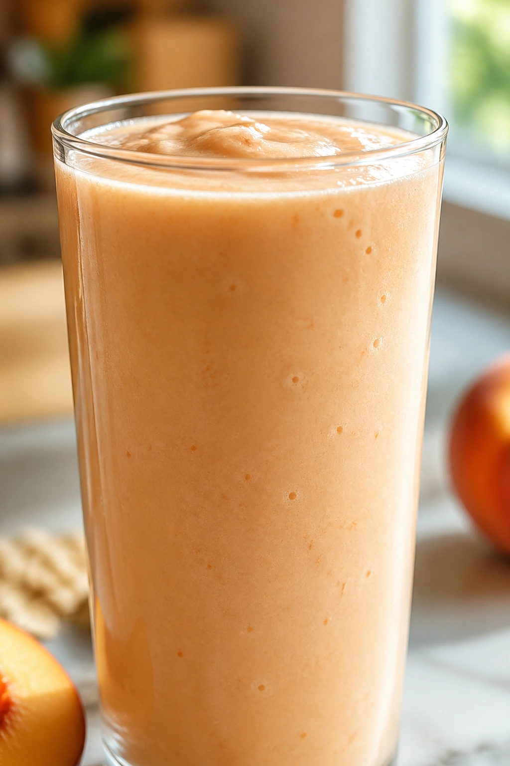 Close-up of Peach Pea Protein Smoothie in a glass in a warm kitchen