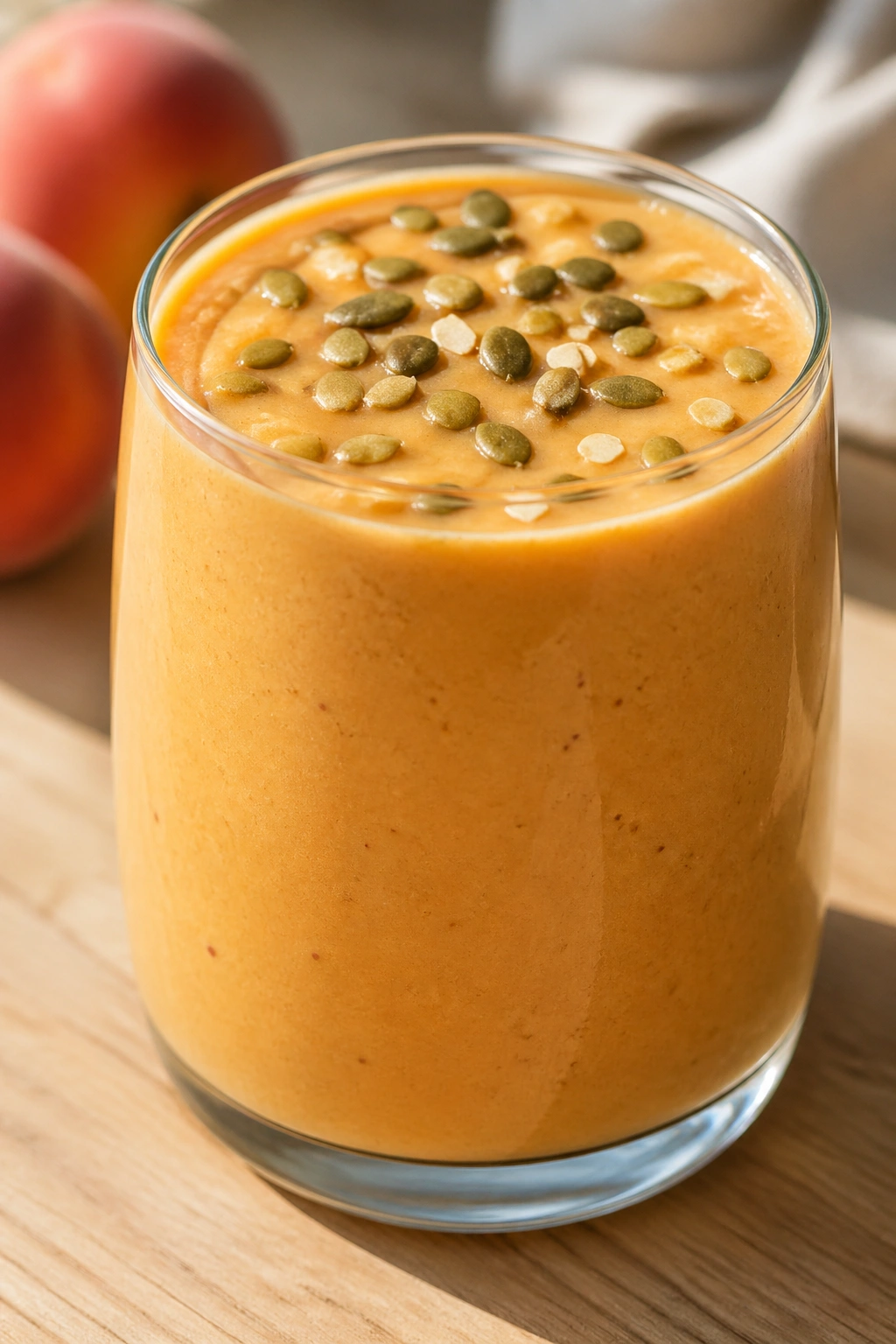 Close-up of Peach Pumpkin Seed Smoothie in a glass on a wooden surface.