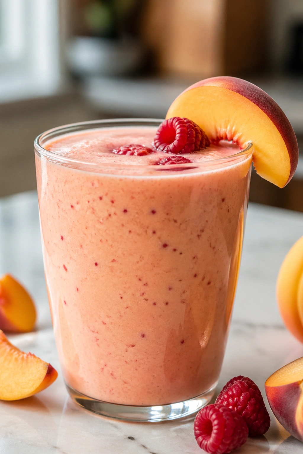 Peach Raspberry Yogurt Smoothie in glass on kitchen counter with soft morning light