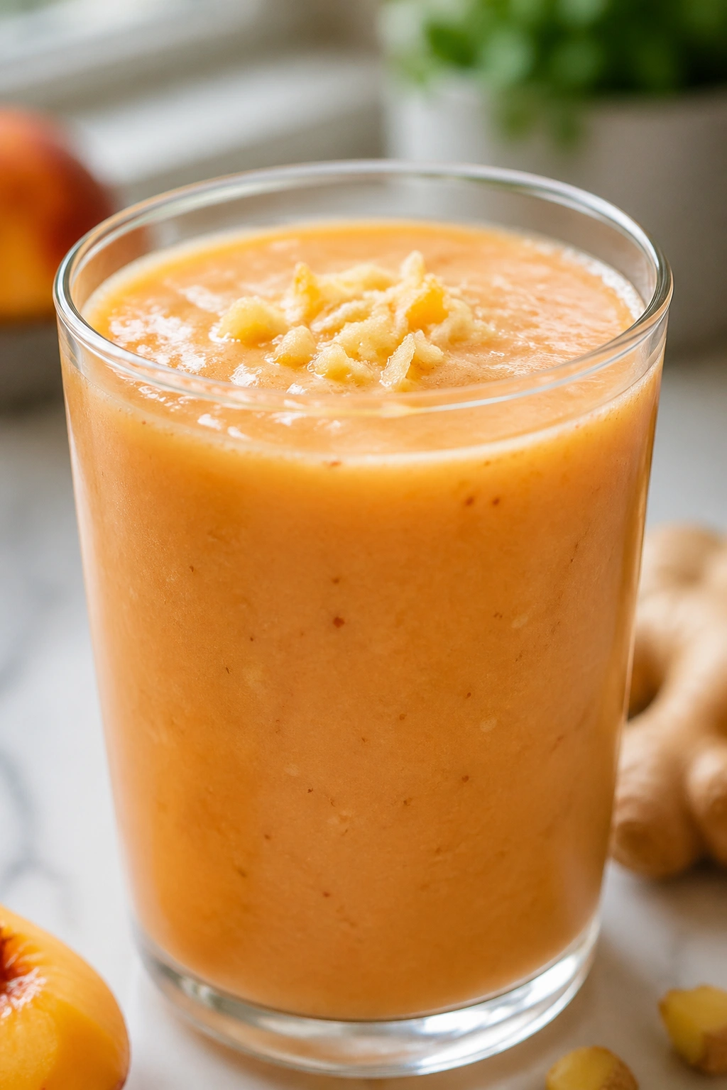 Close-up of peach-colored smoothie with ginger in a glass.