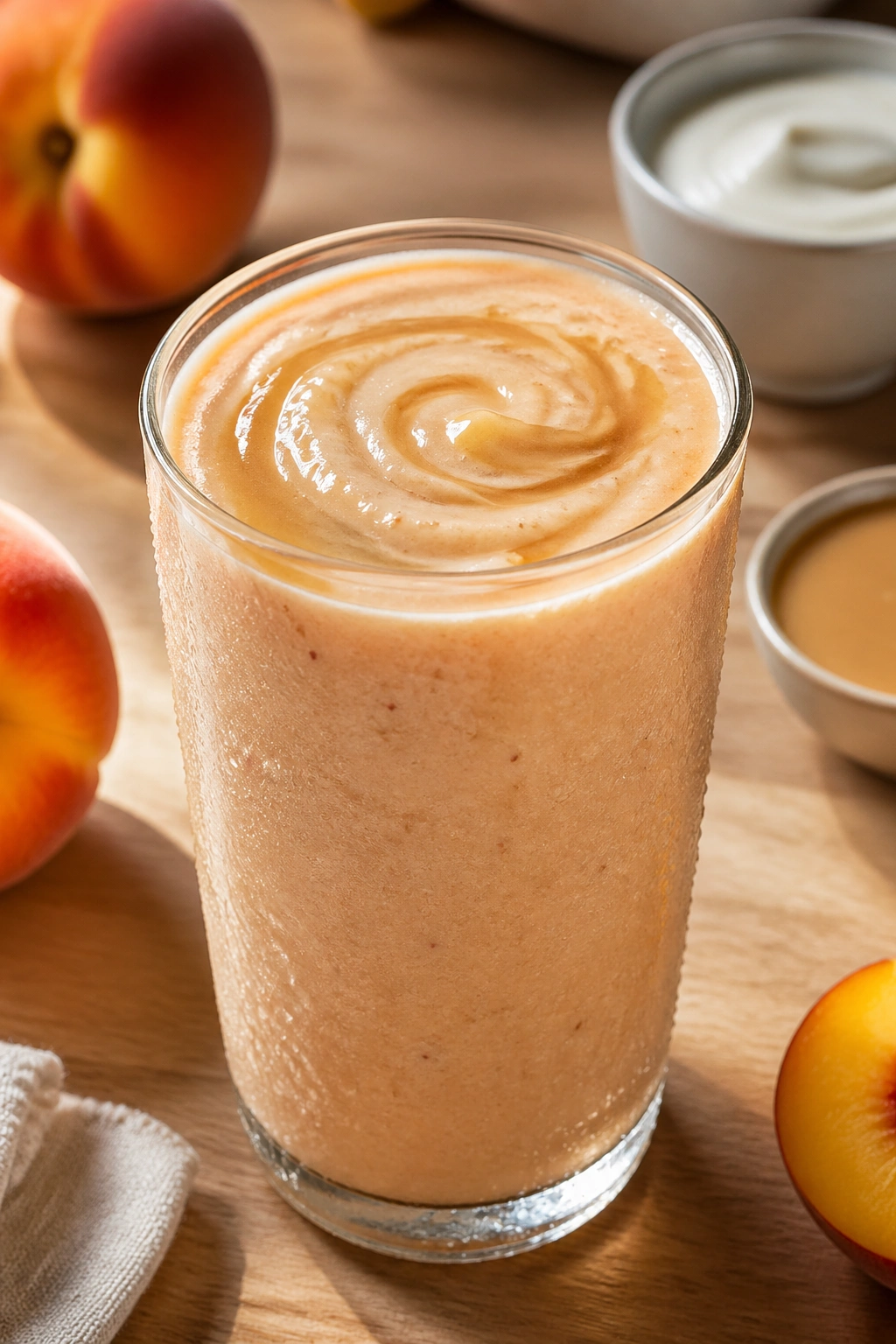 Close-up of pale peach tahini vanilla smoothie in a glass with condensation on a kitchen counter