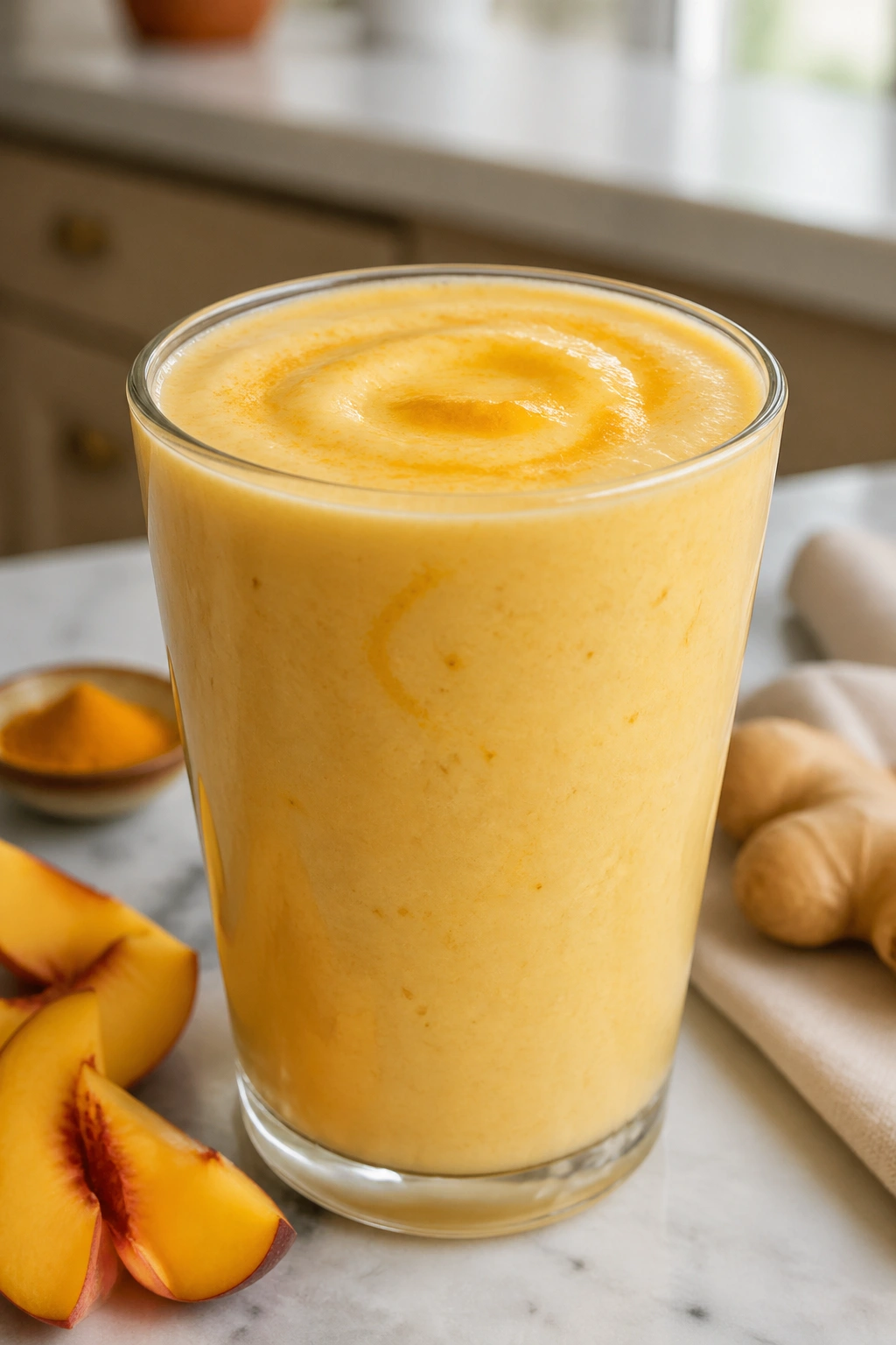 Peach Turmeric Yogurt Smoothie in a glass with pale orange hue