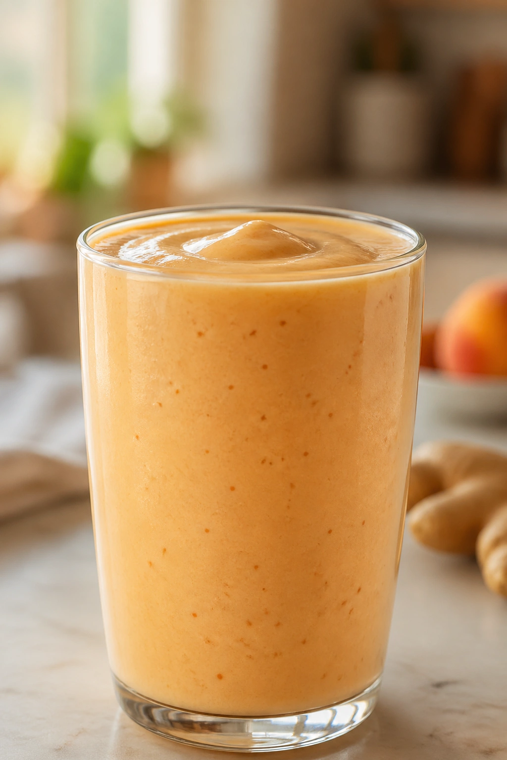Glass of peach yogurt smoothie filling the frame in a kitchen