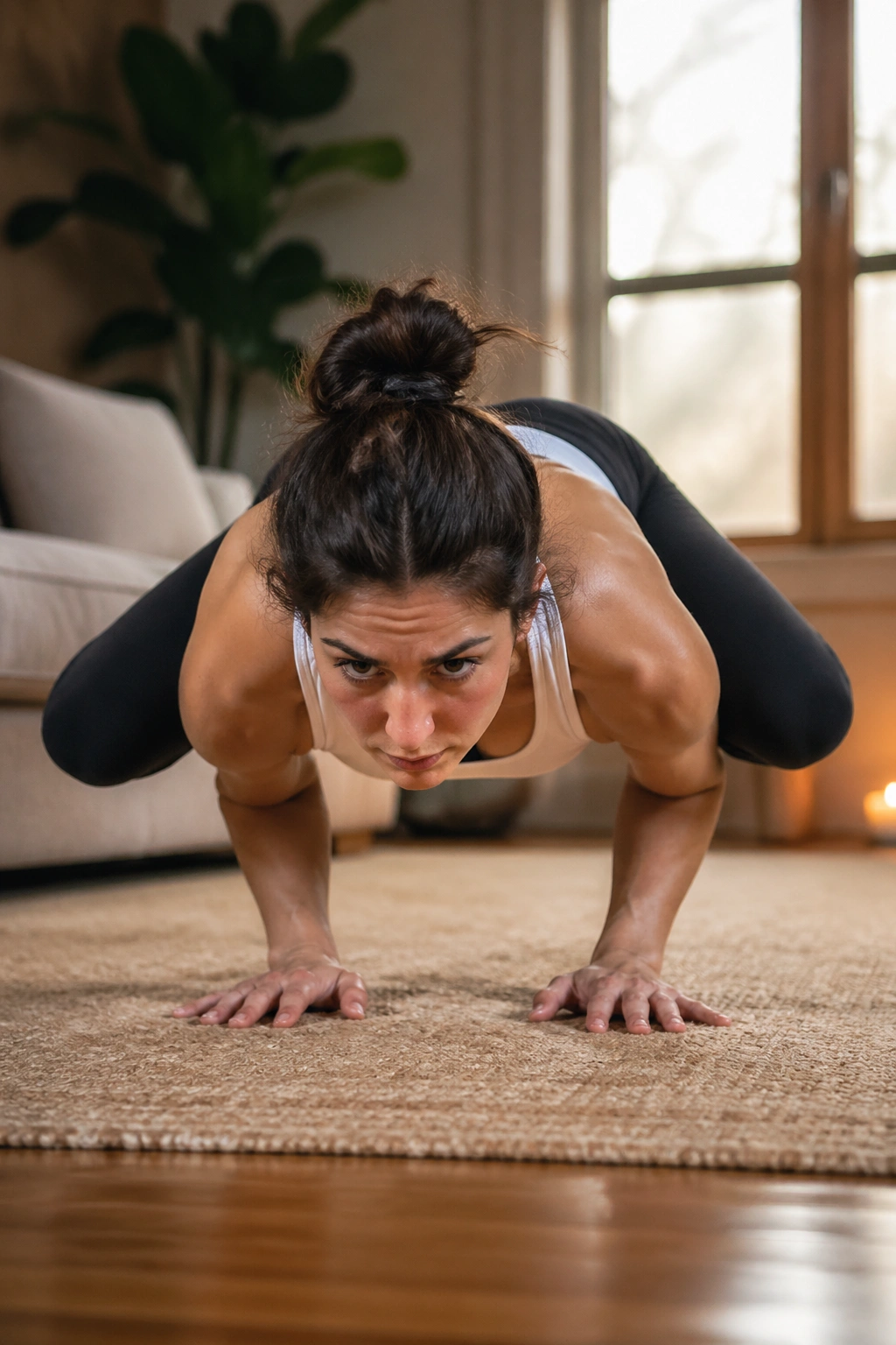 Real person in Peacock Pose demonstrating forearm balance and shoulder engagement