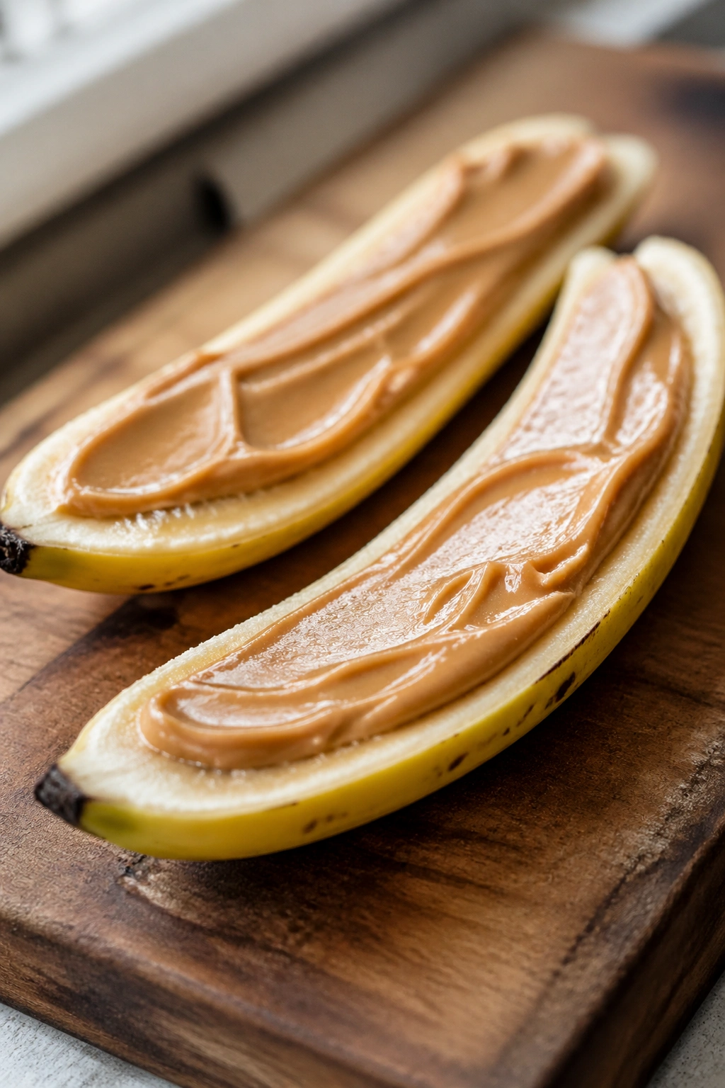 Close-up of a banana half with peanut butter on a wooden cutting board, pre-workout endurance snack
