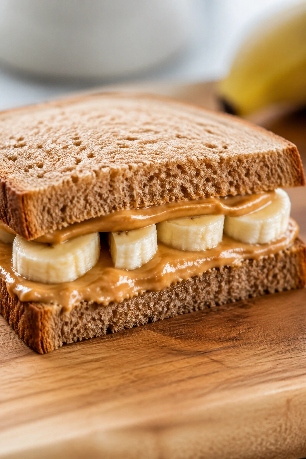 Cross-section peanut butter banana sandwich on protein bread