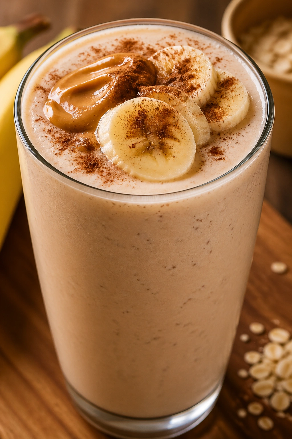 Close-up of peanut butter banana cinnamon shake in glass on kitchen counter