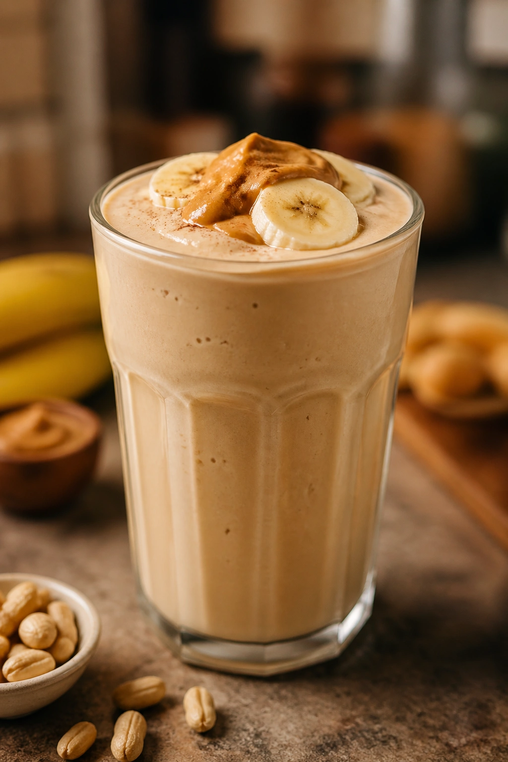 Close-up of peanut butter banana milk shake in a glass on a warm kitchen counter