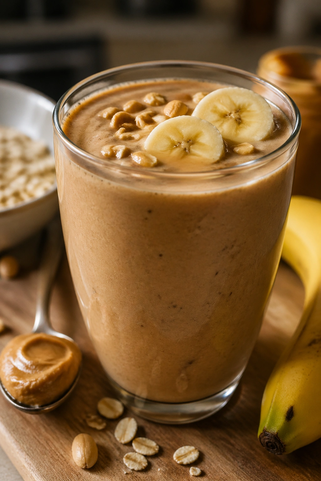 Close-up of Peanut Butter Banana Power Shake in glass