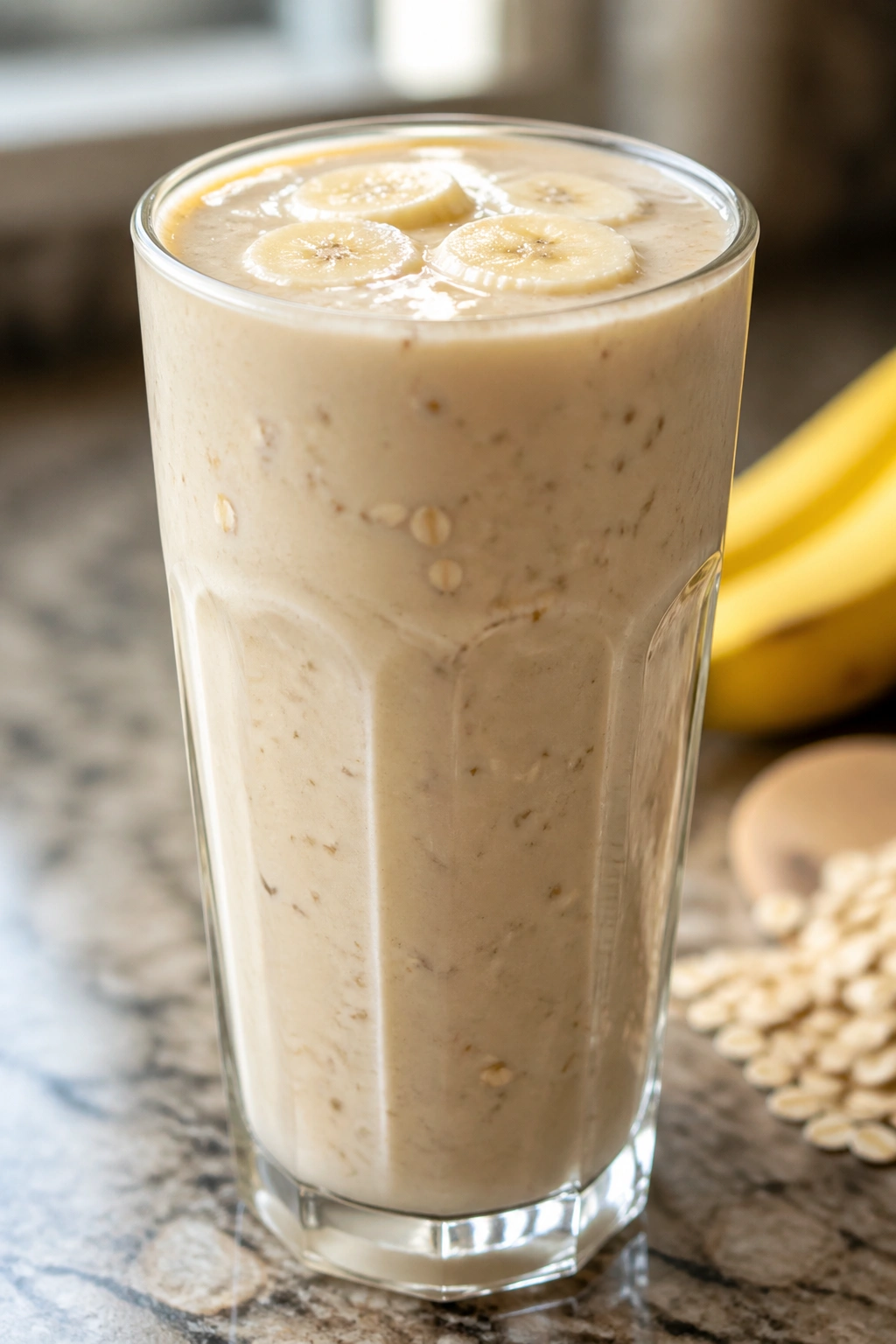 Close-up of Peanut Butter Banana Smoothie with Milk and Oats