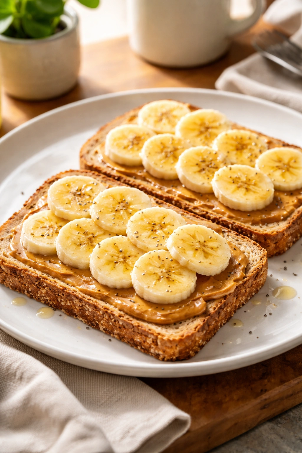 Close-up of peanut butter banana toast on a wooden board.