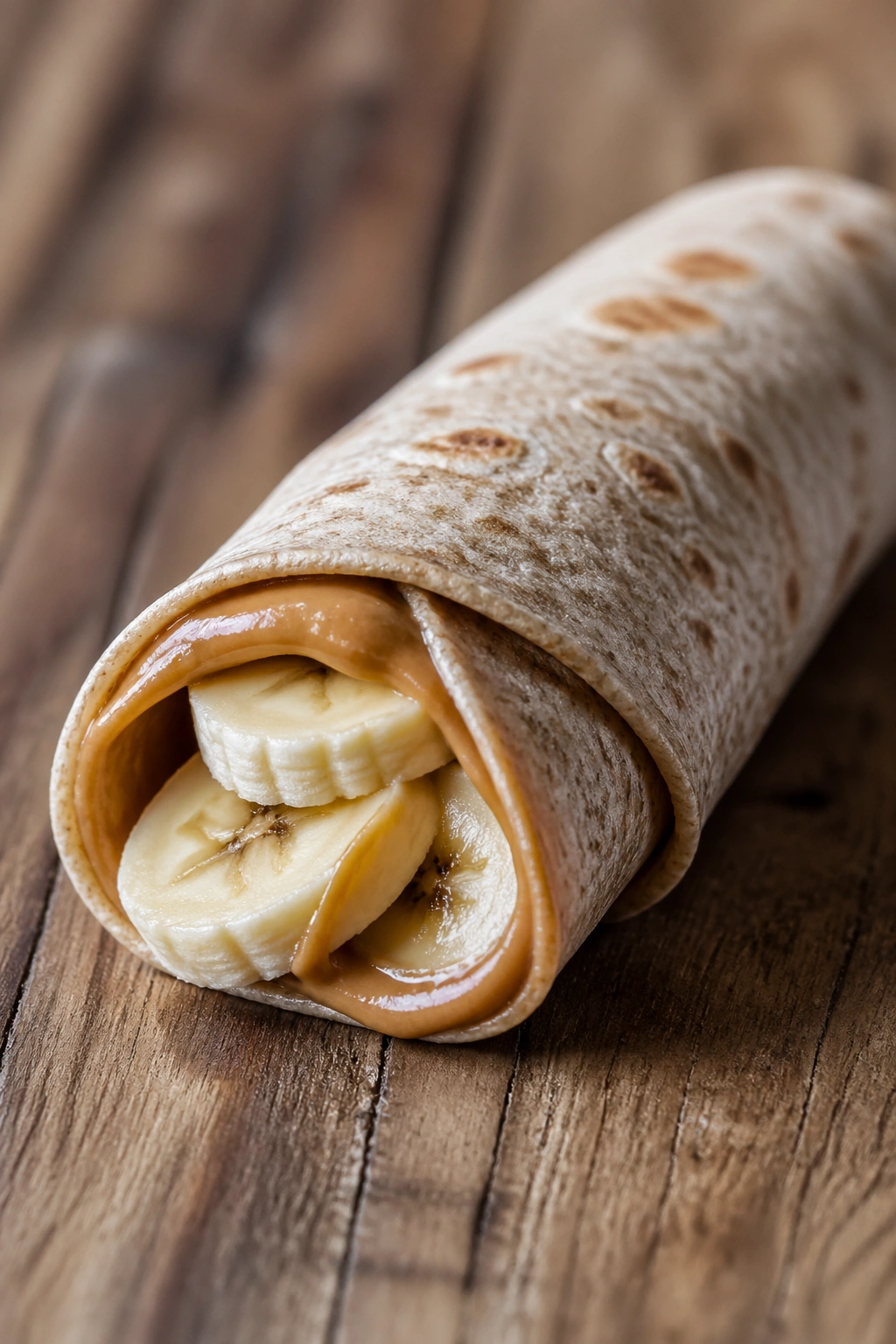 Rolled tortilla wrap with peanut butter and banana