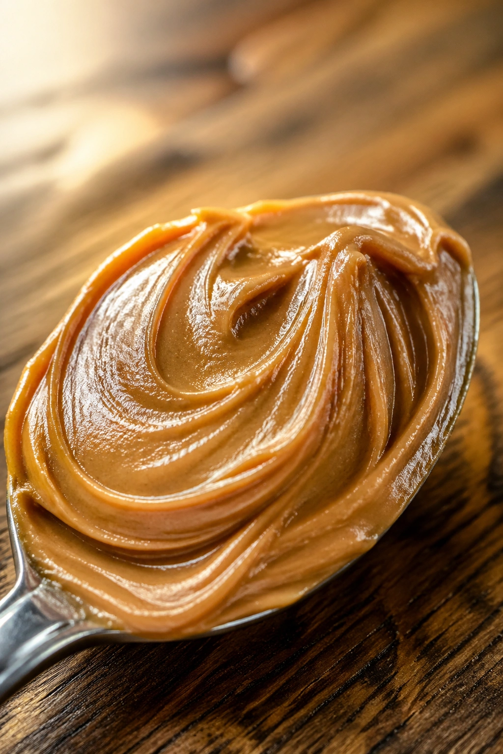 Close-up of a spoonful of peanut butter on a wooden surface
