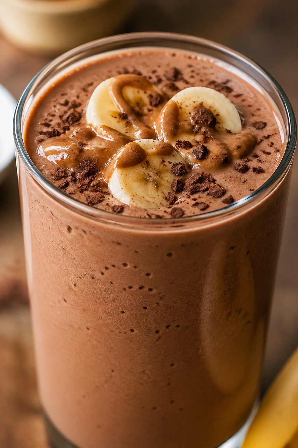 Close-up of Peanut Butter Cocoa Banana Smoothie in a glass on a kitchen counter