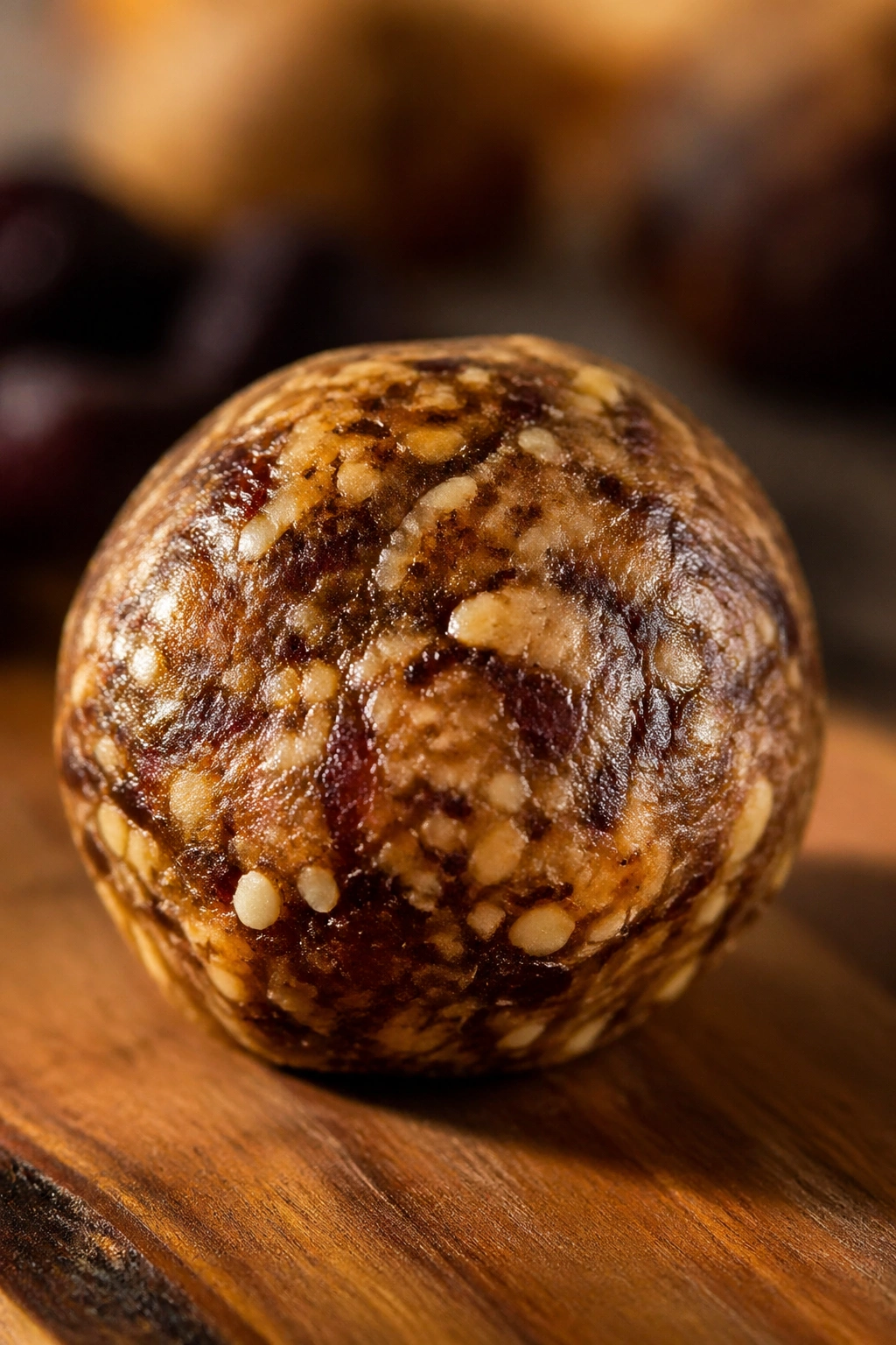 Close-up of a peanut butter date espresso protein ball on a wooden surface