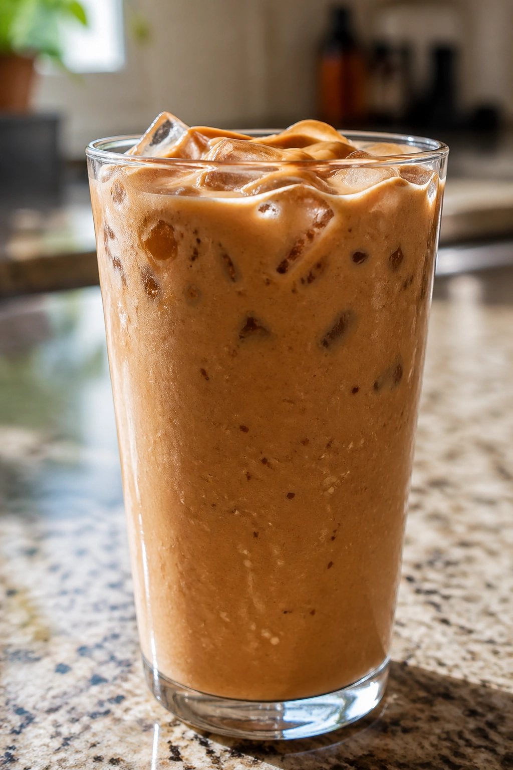 Creamy peanut butter iced coffee in a glass