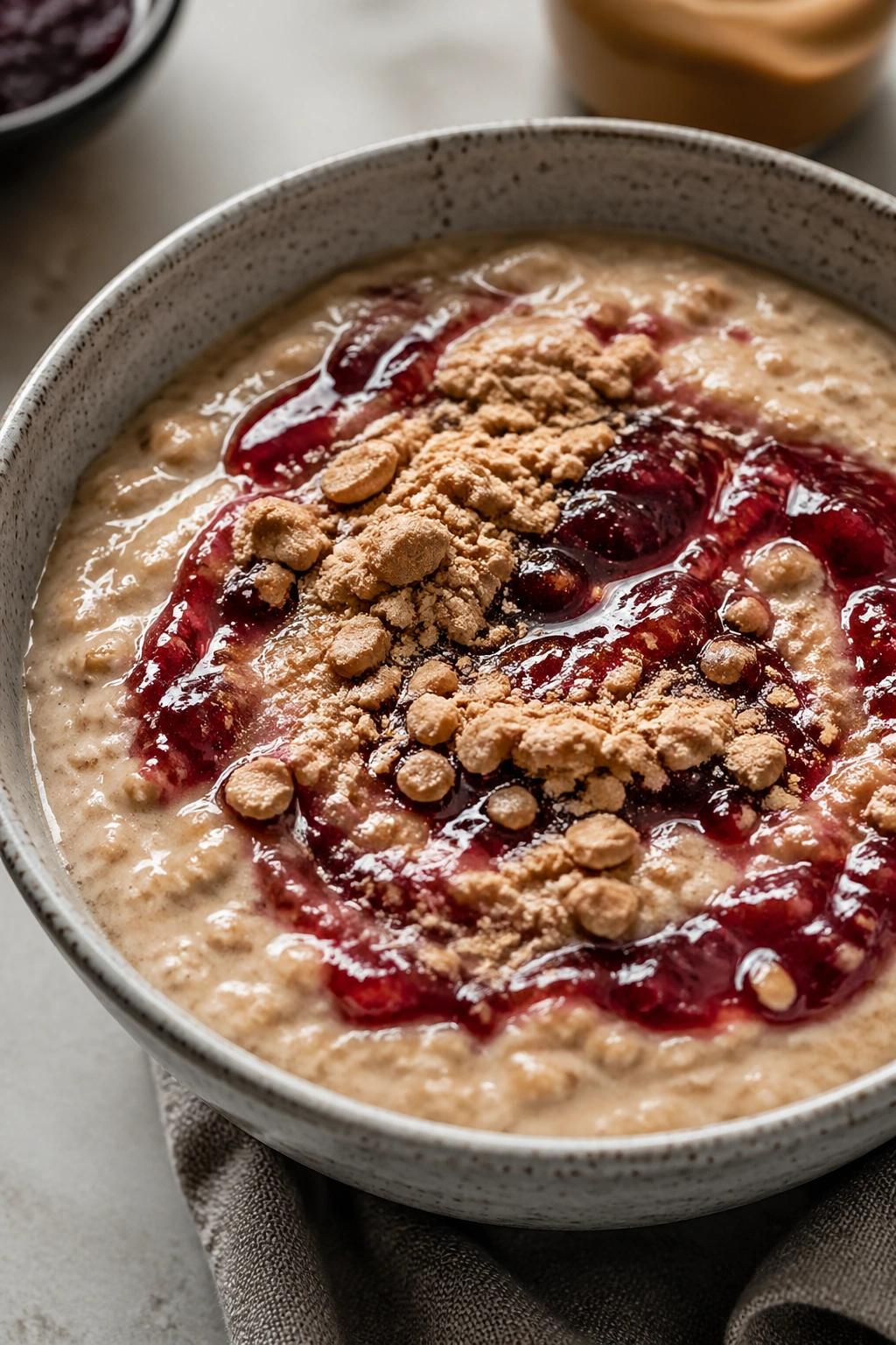 Creamy blender oats bowl with jam swirl on a bright kitchen counter
