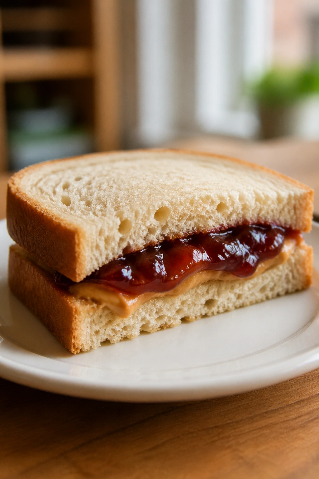 Close-up of half peanut butter and jelly sandwich on a plate