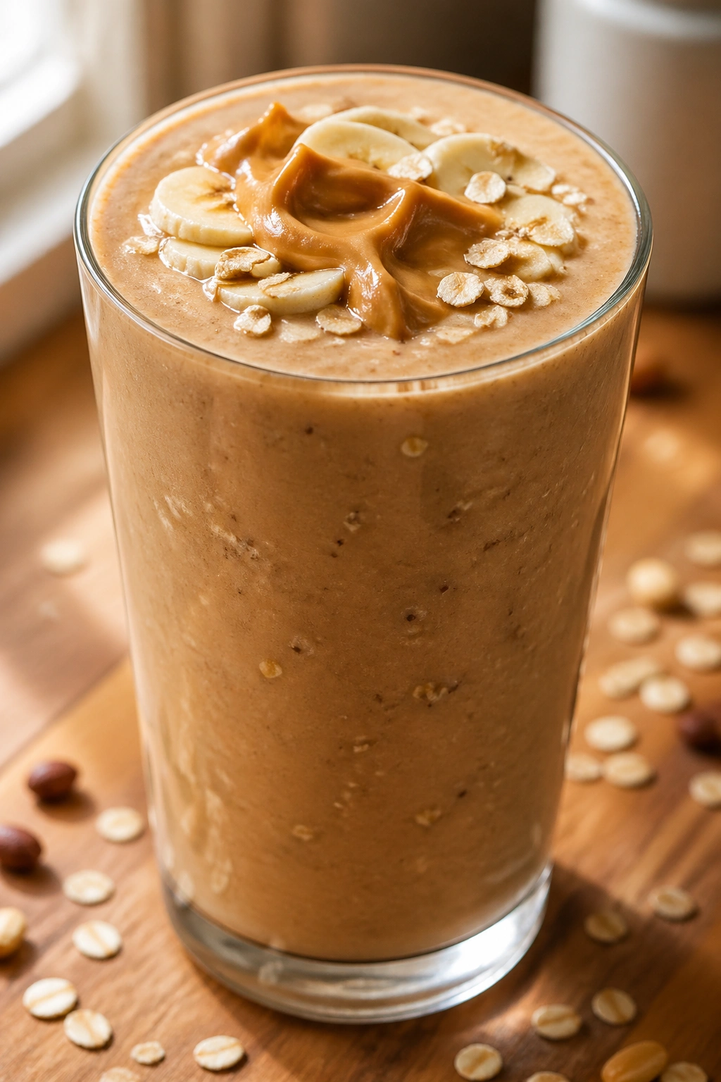 Close-up of Peanut Butter Banana Oat Smoothie in glass on wooden counter with morning light.
