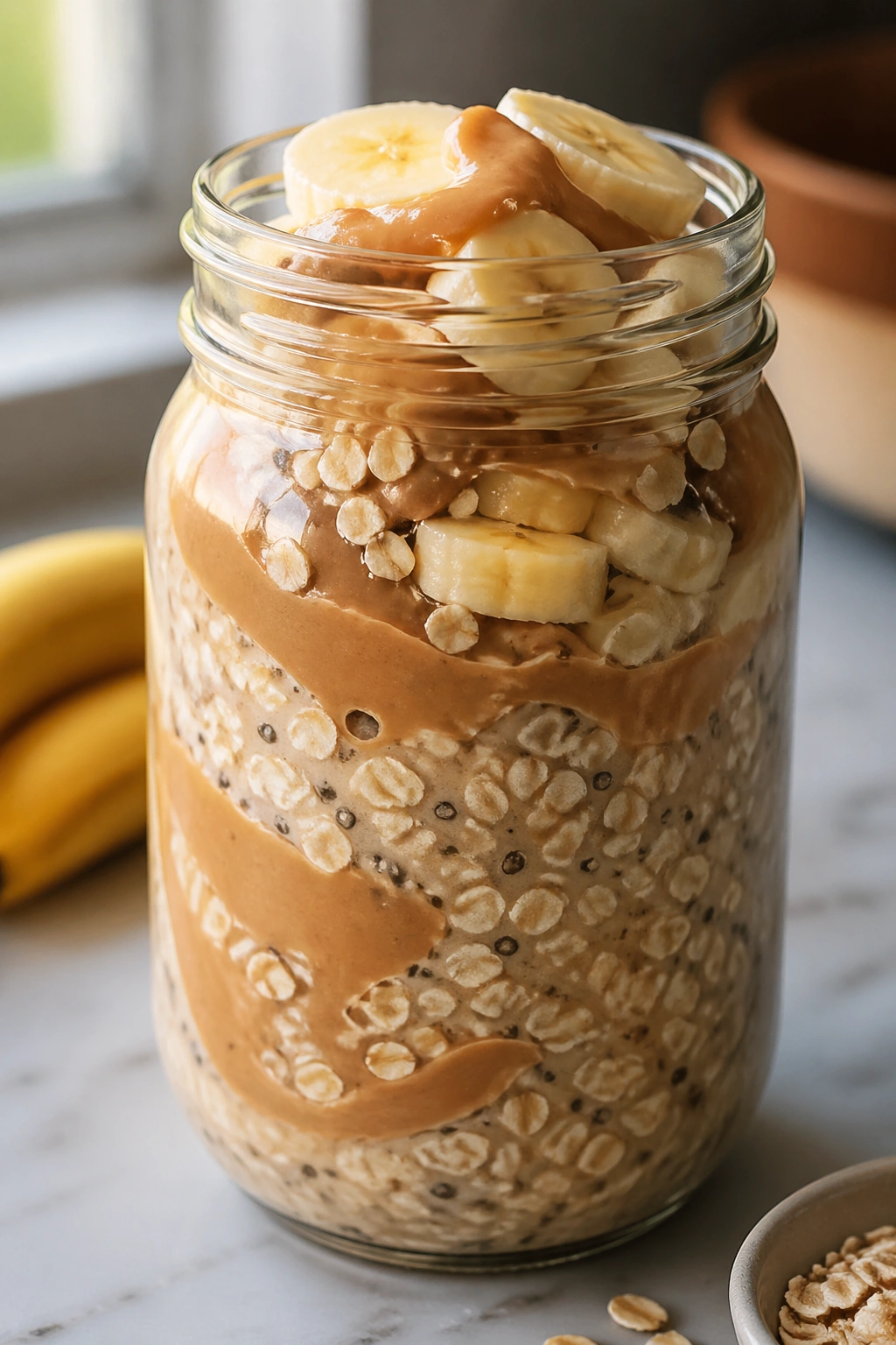 Close-up of a glass jar of peanut butter banana oats on a wooden counter