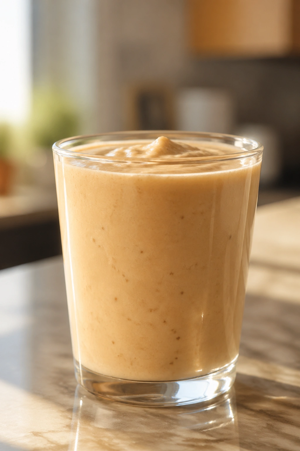 Close-up of thick peanut butter oat recovery smoothie in glass