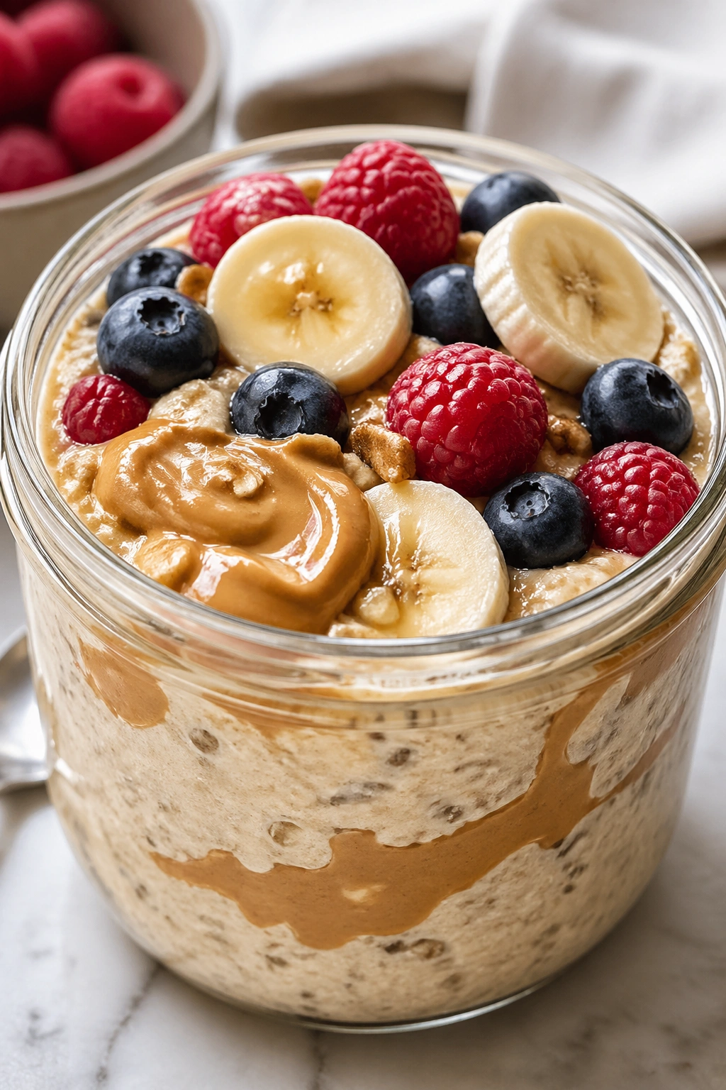 Overnight oats with peanut butter and fruit topping