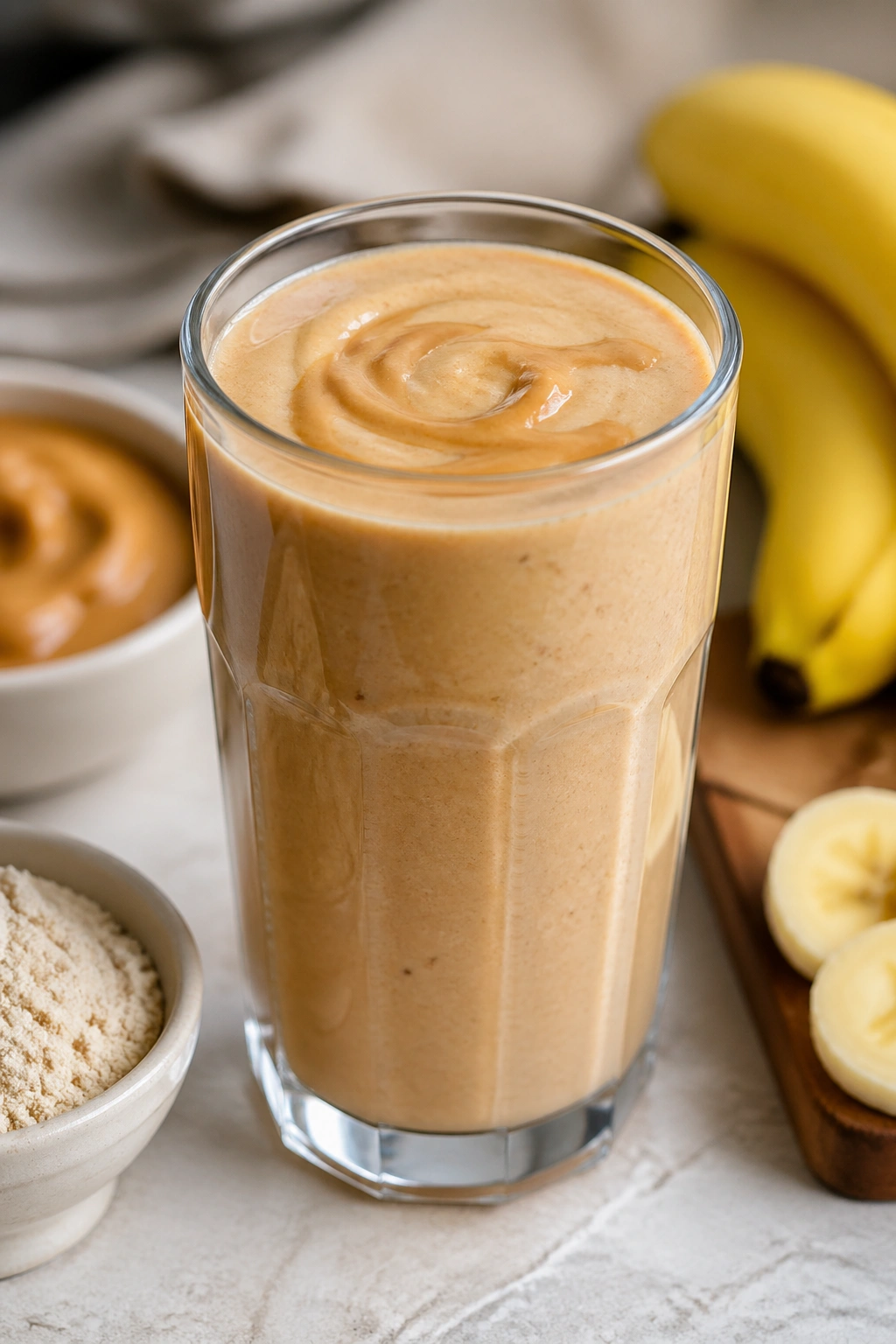 Peanut butter banana protein shake in glass on kitchen counter