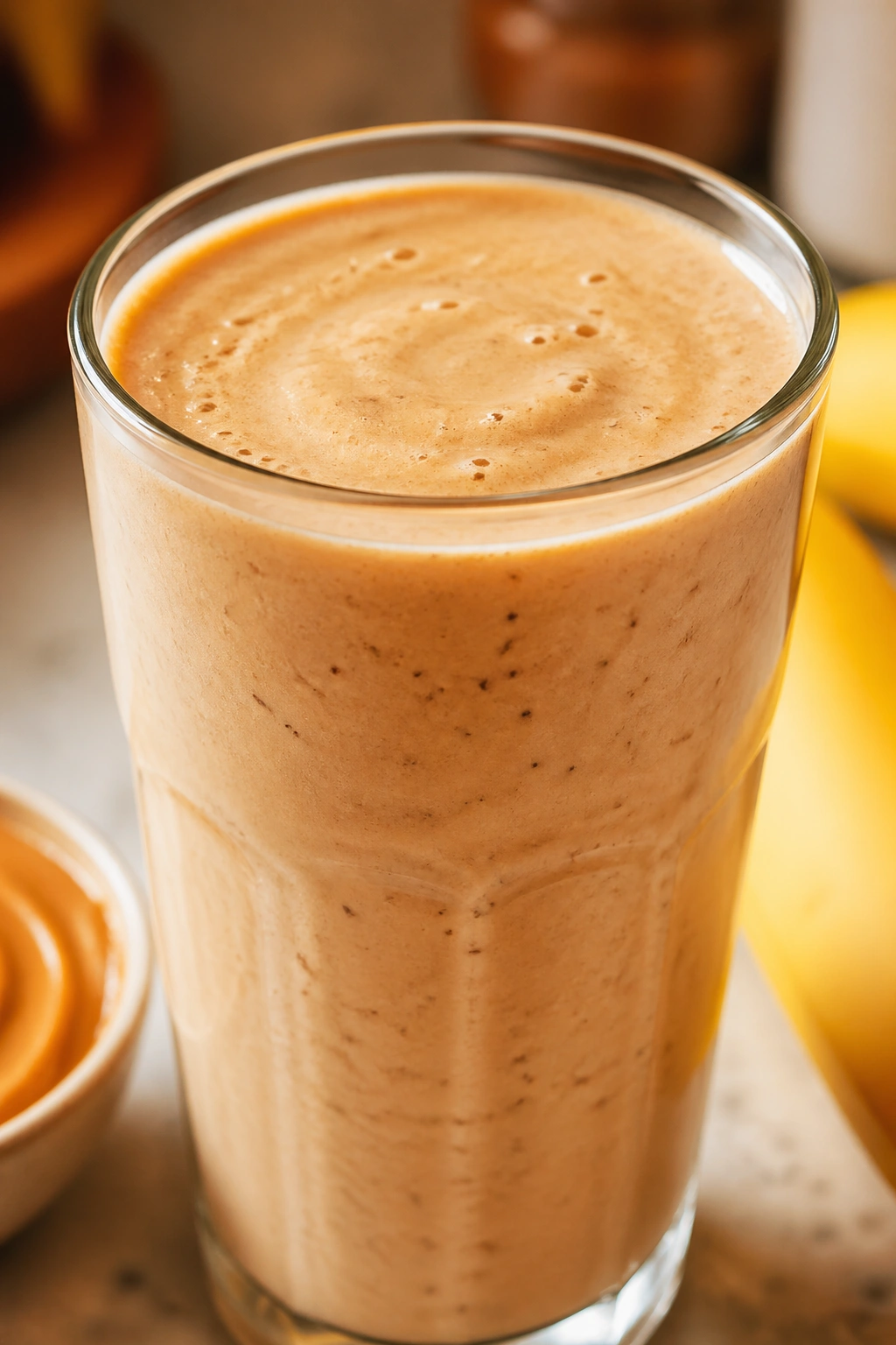 Glass of peanut butter banana protein smoothie on a kitchen counter.