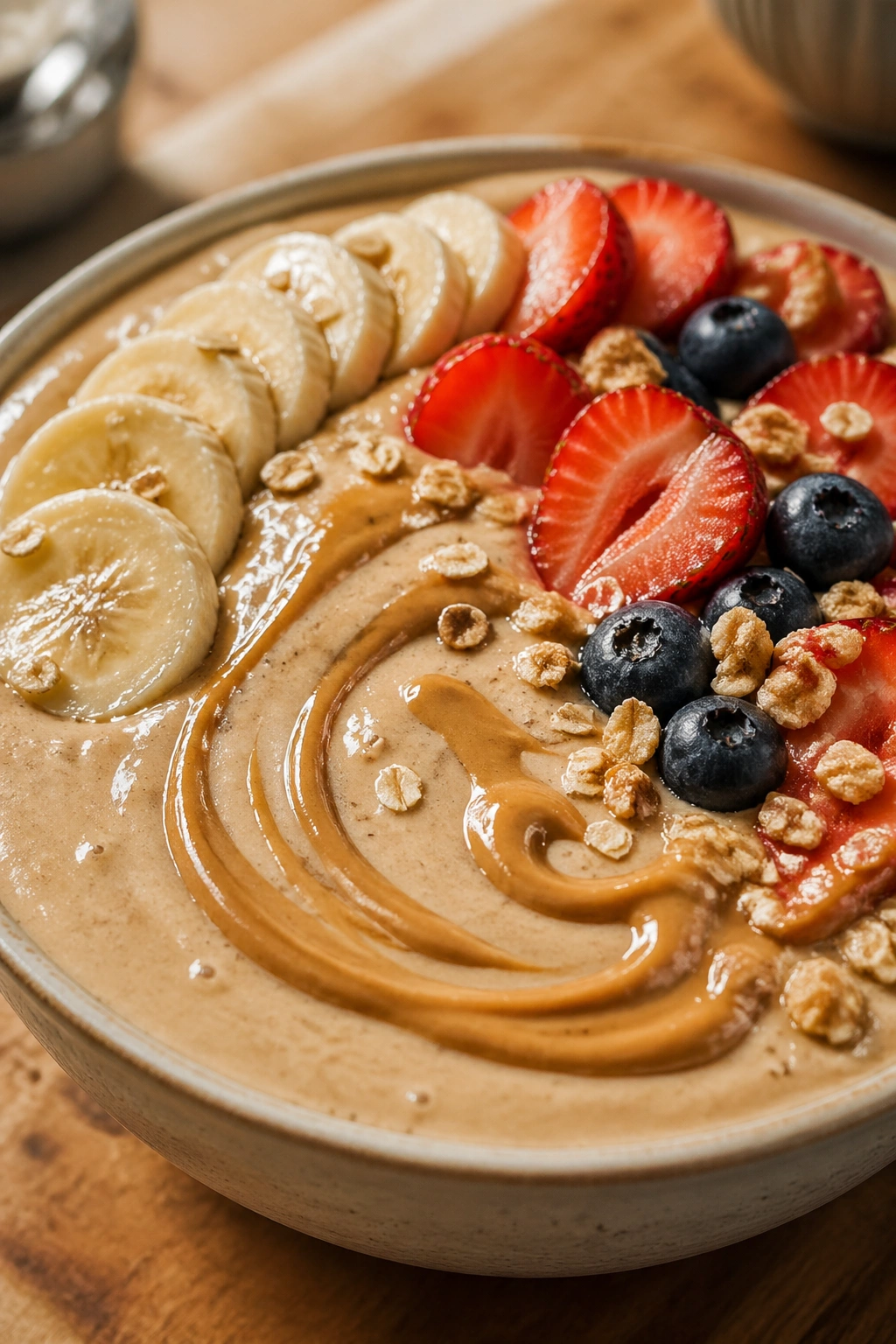 Close-up of Peanut Butter Protein Smoothie Bowl with toppings.