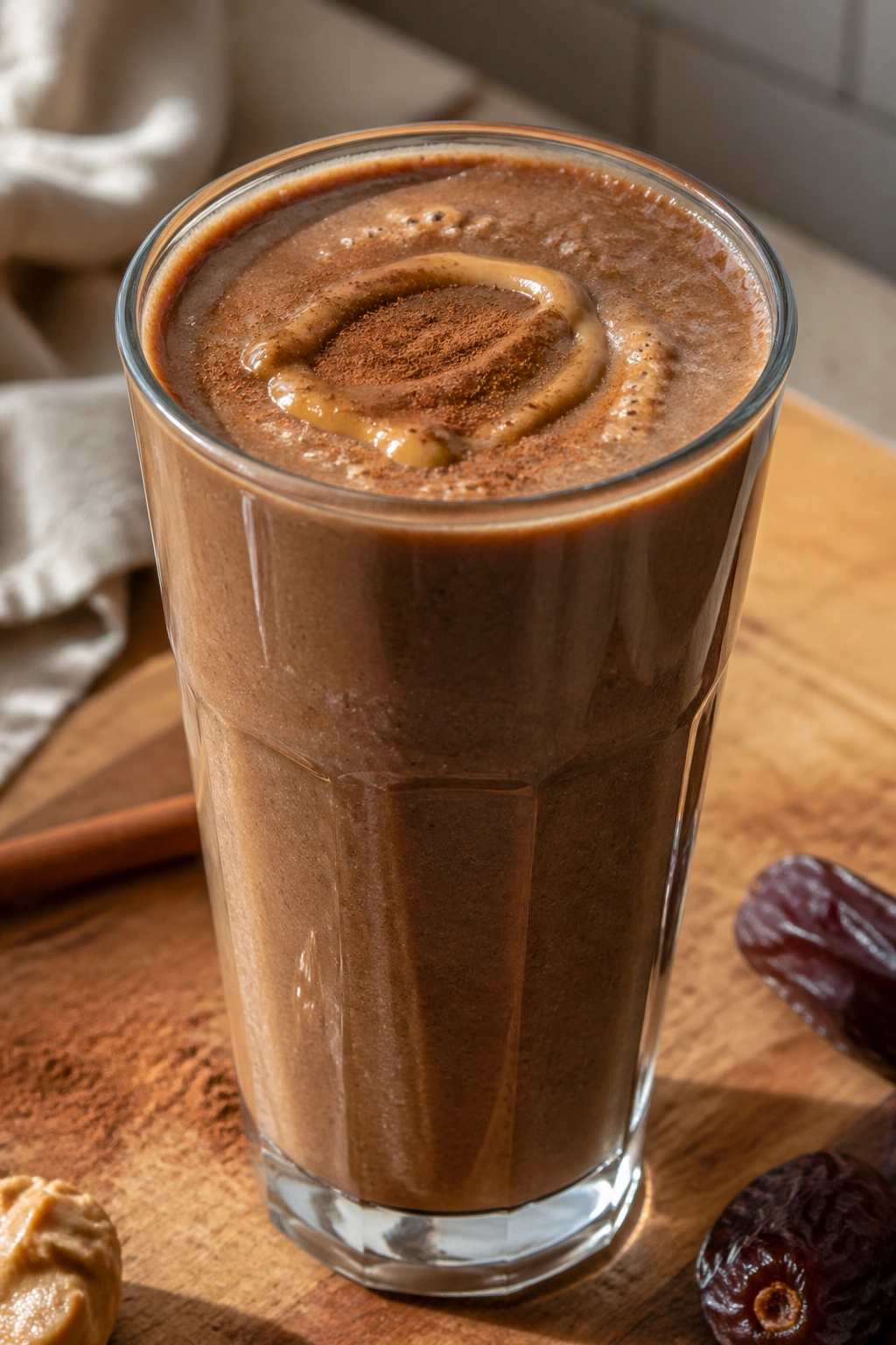 Close-up of peanut butter date cinnamon shake in a glass