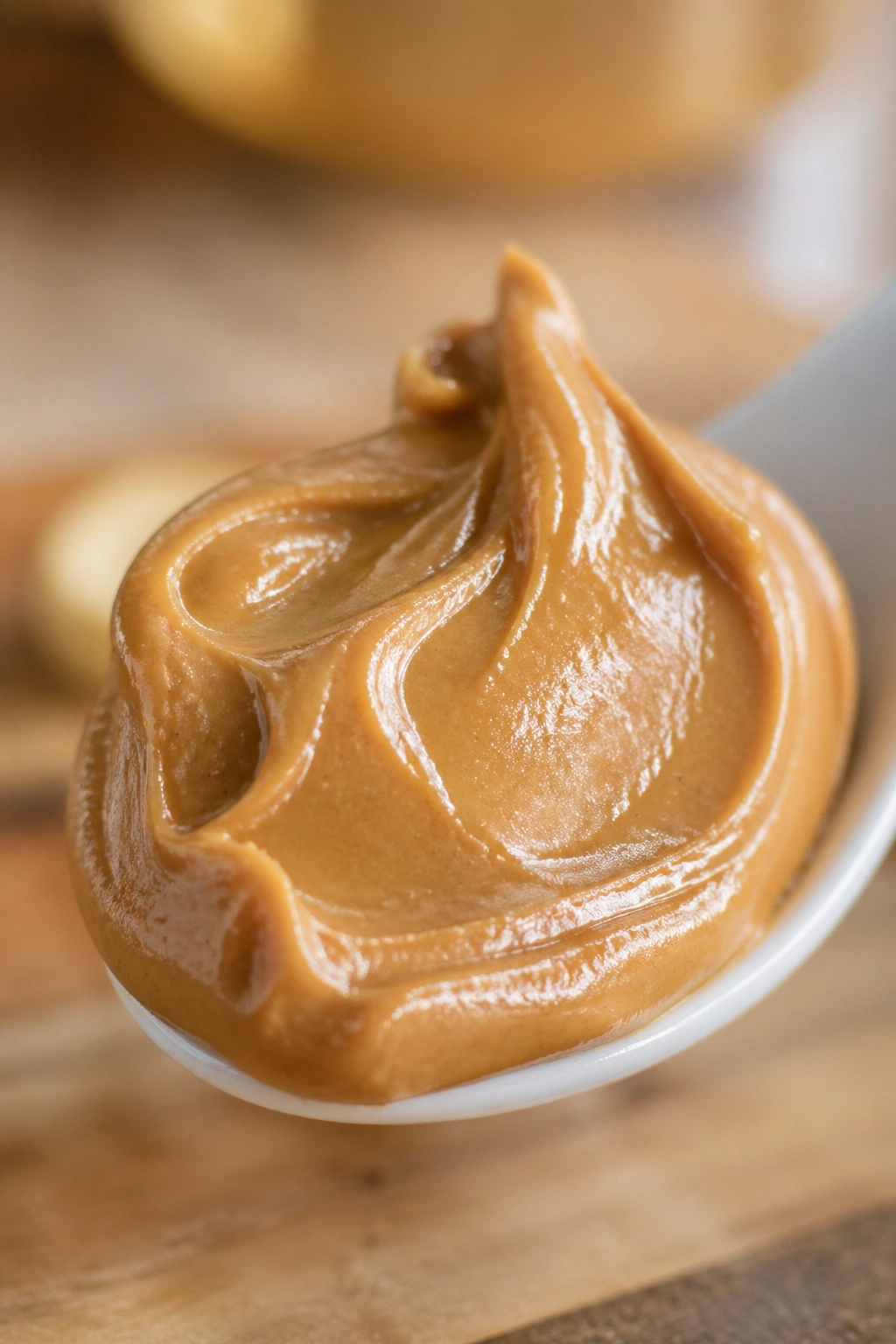Close-up of peanut butter on a spoon in a warm kitchen