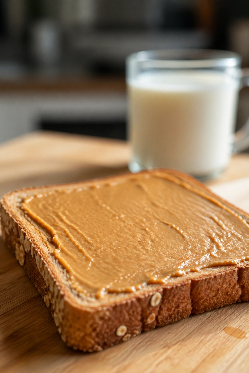 Close-up of peanut butter on protein bread with milk in the background