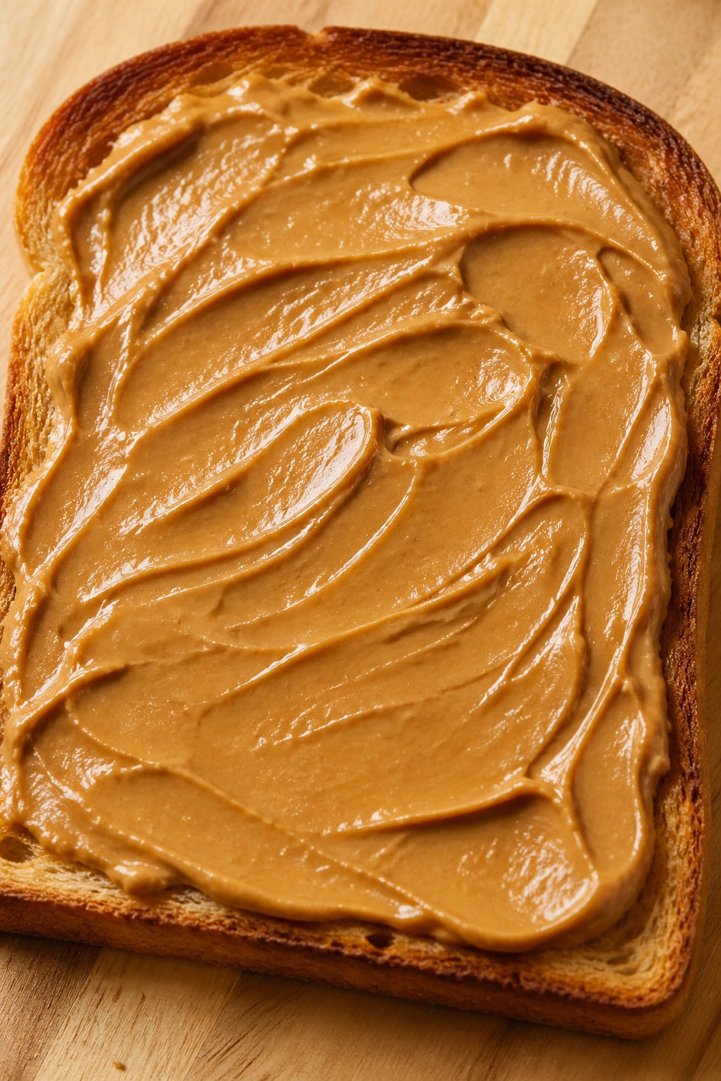 Close-up of peanut butter on toast filling the frame on a wooden board.