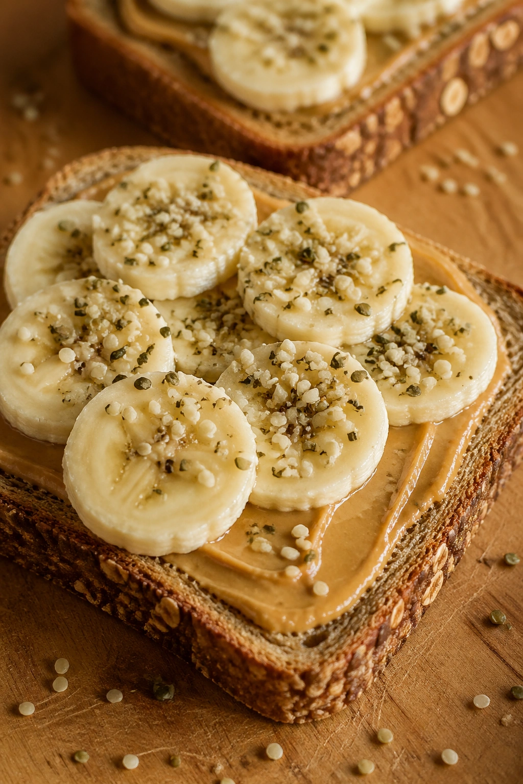 Close-up of peanut butter banana toast with hemp seeds on whole-grain bread