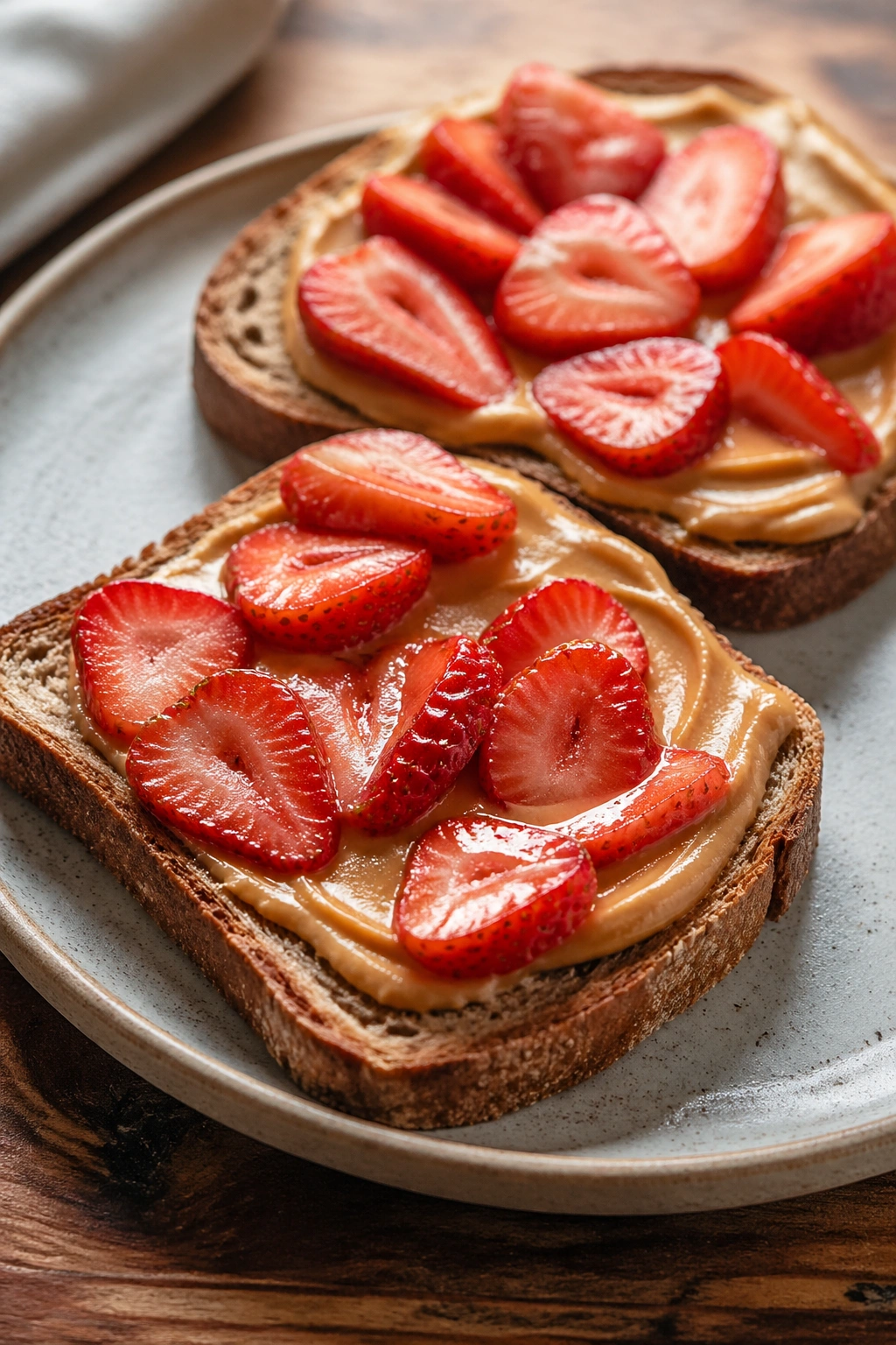 Two slices of peanut butter toast with strawberries on a plate