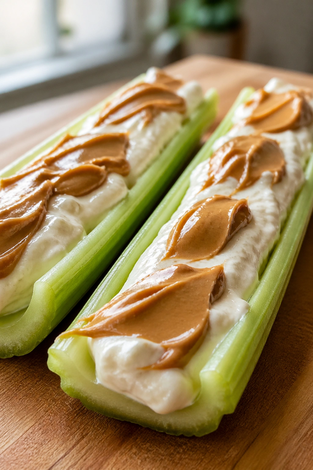 Celery boats filled with peanut butter and Greek yogurt mixture